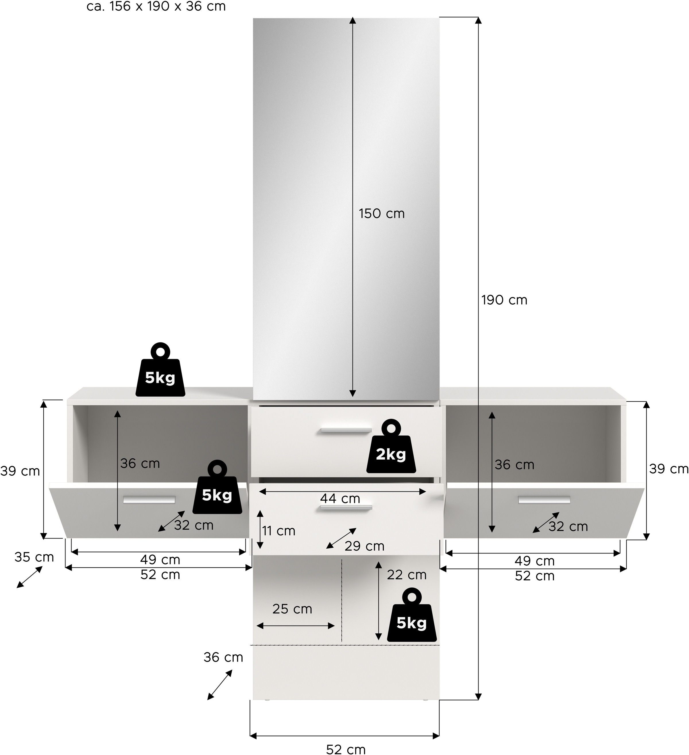 INOSIGN Garderoben-Set, (Set, 3 St.), Lumo, Garderobenset Breite 156 cm, Spiegel, 2 Schubladen, Flur, Diele