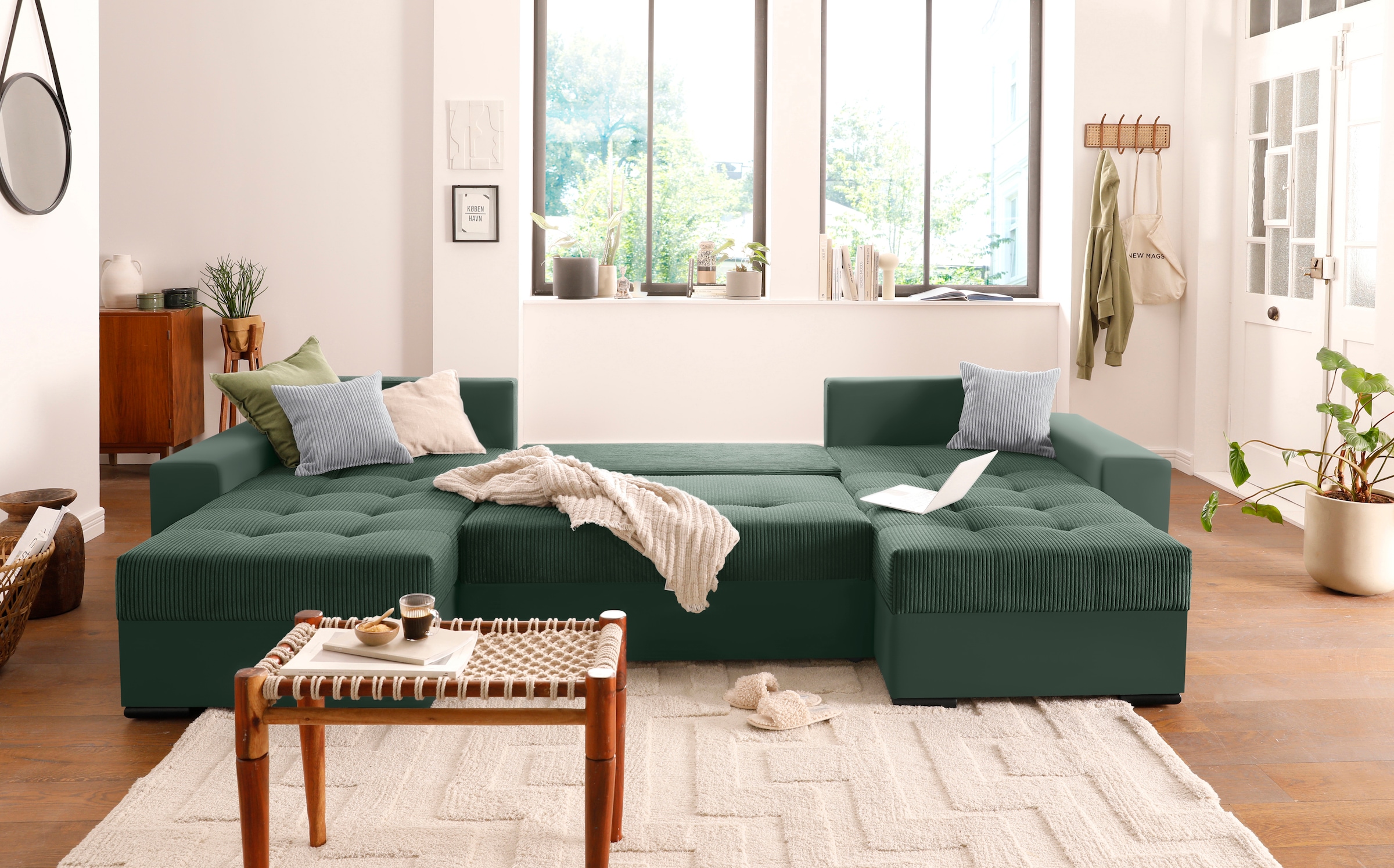 COLLECTION AB Wohnlandschaft »XL-Josy U-Form, Breite 313 cm, Cord-/Mix«, inkl. Bettfunktion, Bettkasten, mit 4 gleich großen Rückenkissen