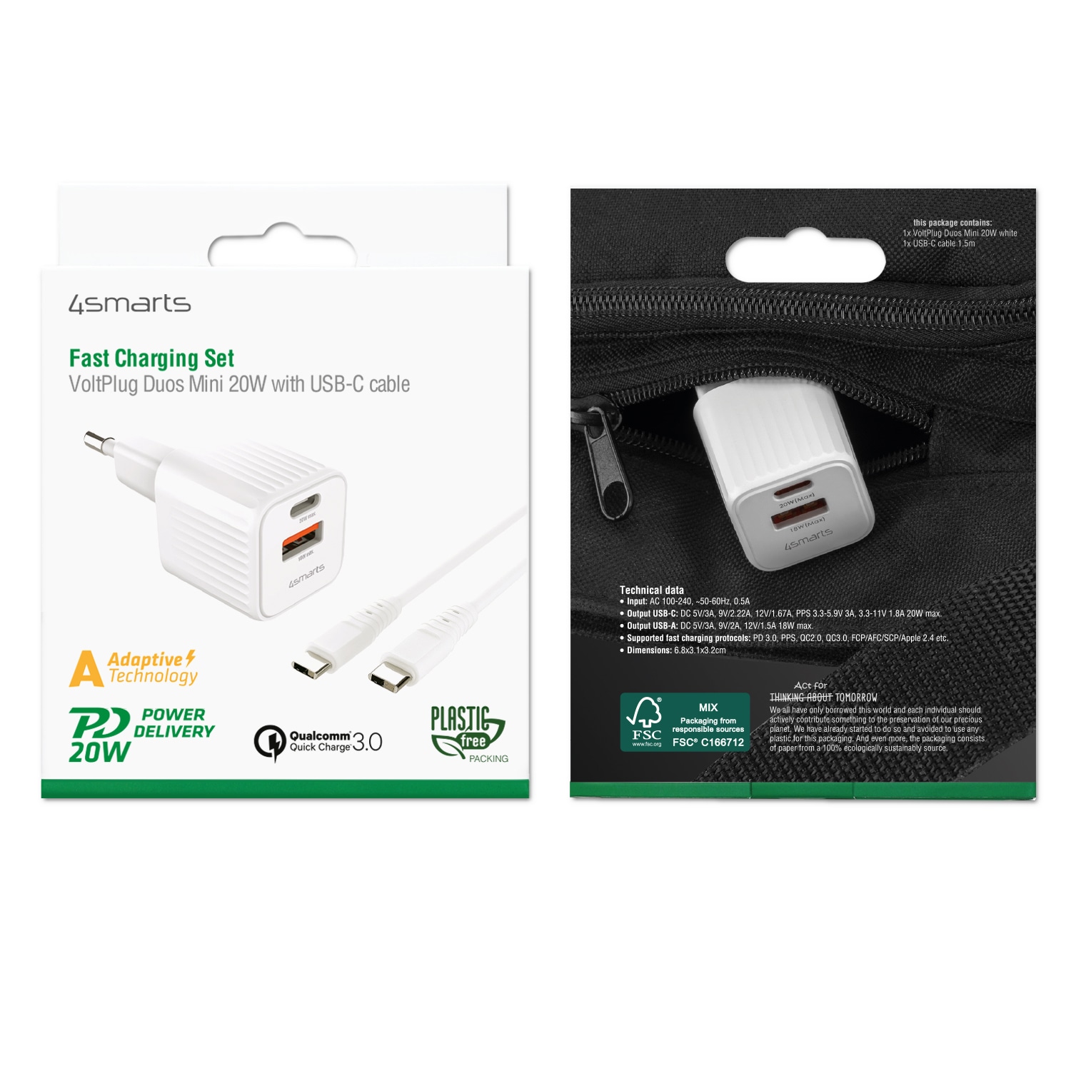 4smarts USB-Ladegerät »VoltPlug Duos Mini PD 20W + USB-C Kabel«, USB-A USB-C Fast Charge Samsung Galaxy Apple iPhone Huawei Xiaomi Sony