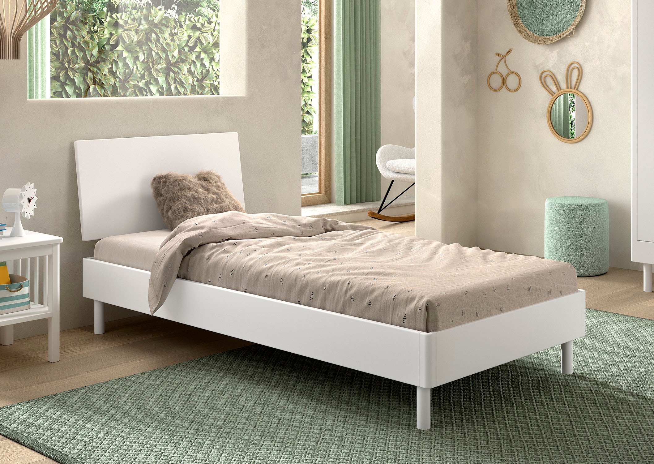 Home affaire Einzelbett »Forrest, mit oder ohne Polsterkopfteil, in modernem Design«, (Liegefläche 90x200 cm inkl. Massivholz Rolllattenrost), wahlweise in Buche oder Eiche massiv, stabil und hochwertig gebaut