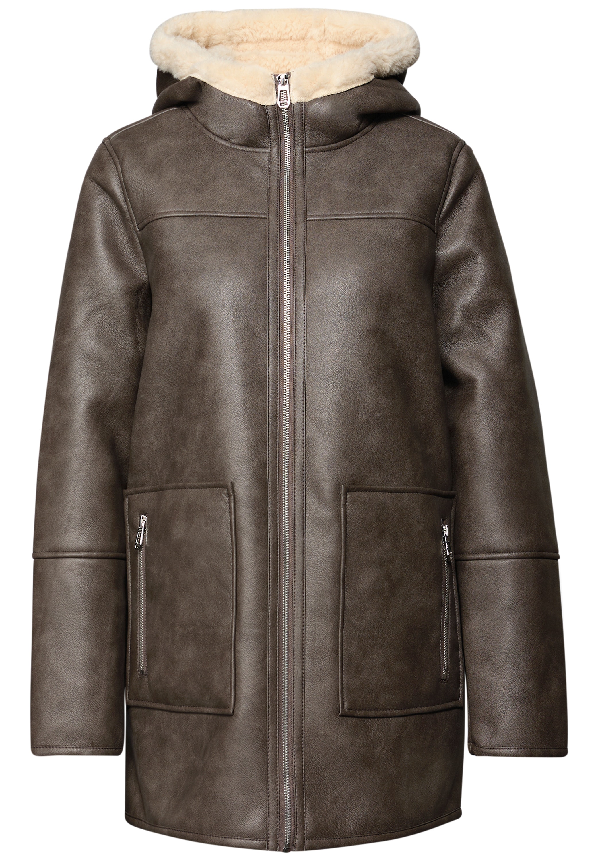 STREET ONE Lederimitatjacke, mit Kapuze, im Leder-Look und mit Fake Fur Details
