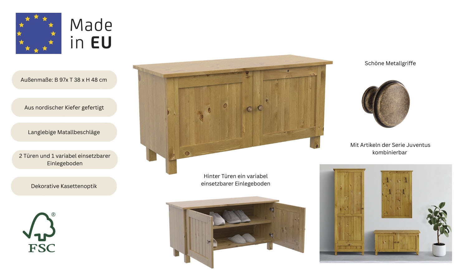 Home affaire Sitzbank »Juventus« 1 Stk. tlg. aus massiver Kiefer, Breite 97 cm