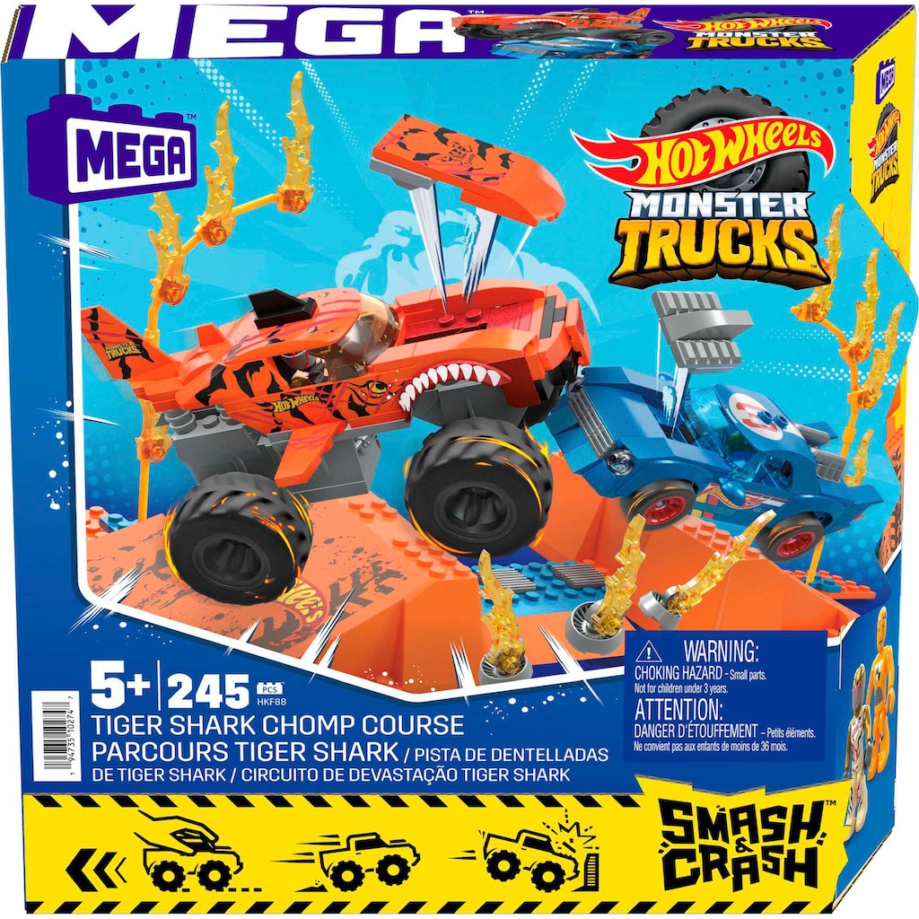 MEGA Spielzeug-Monstertruck »MEGA Monster Trucks Tiger Shark Feuer-Rampe, inkl. 2 Autos & Zubehör«