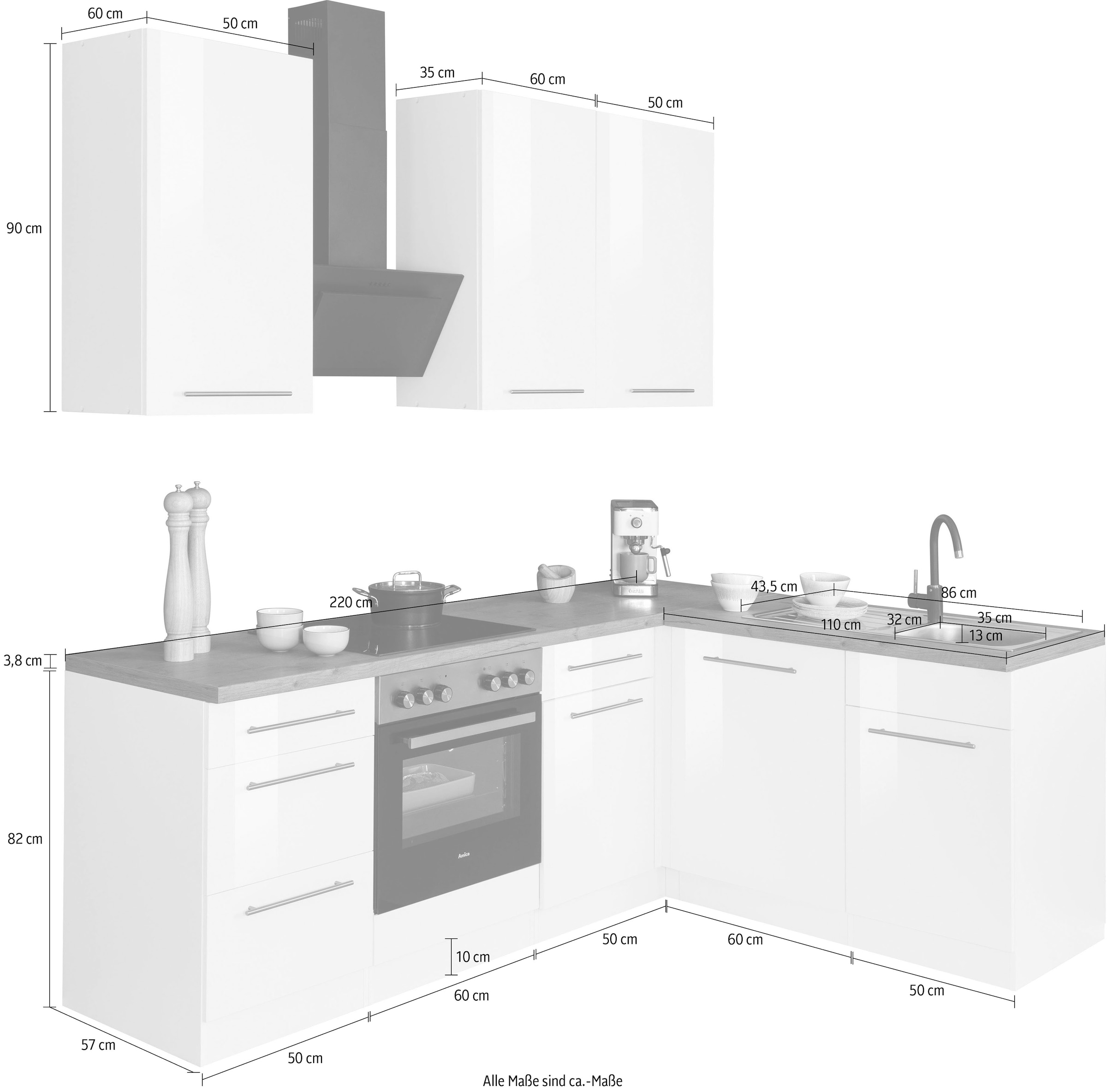 wiho Küchen Winkelküche »Unna«, ohne E-Geräte, Stellbreite 220 x 170 cm