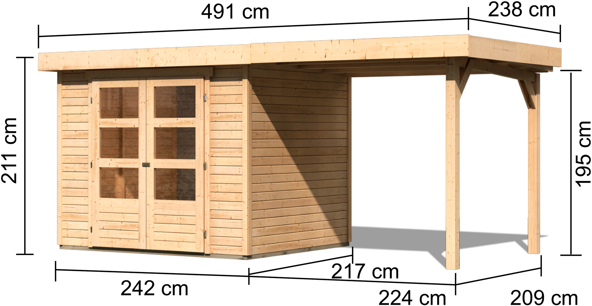 Karibu Gartenhaus »Arnis« mit Anbaudach 2,40 m Breite