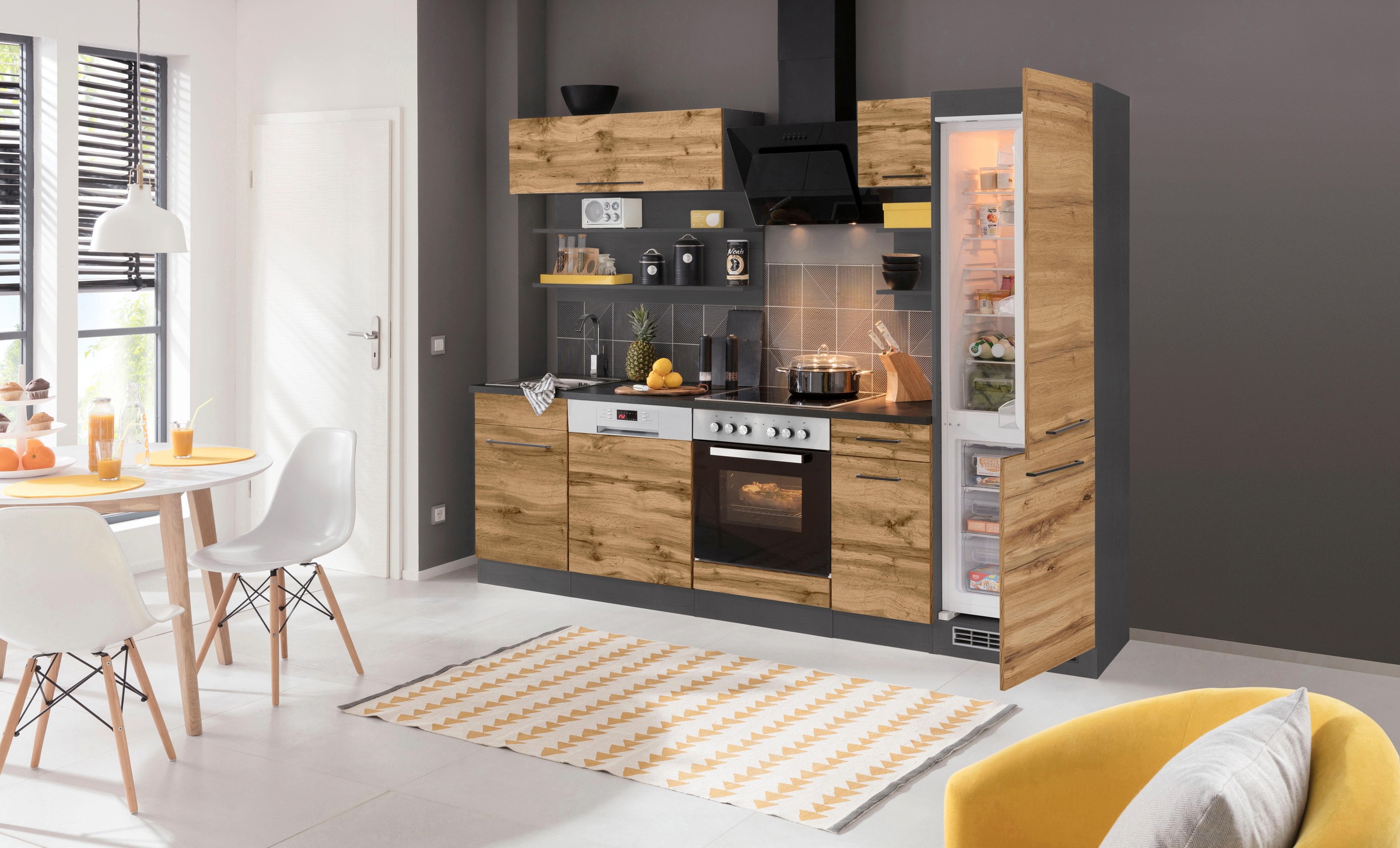 KOCHSTATION Küchenzeile »KS-Tulsa« ohne E-Geräte, Breite 270 cm, schwarze Metallgriffe, MDF Fronten