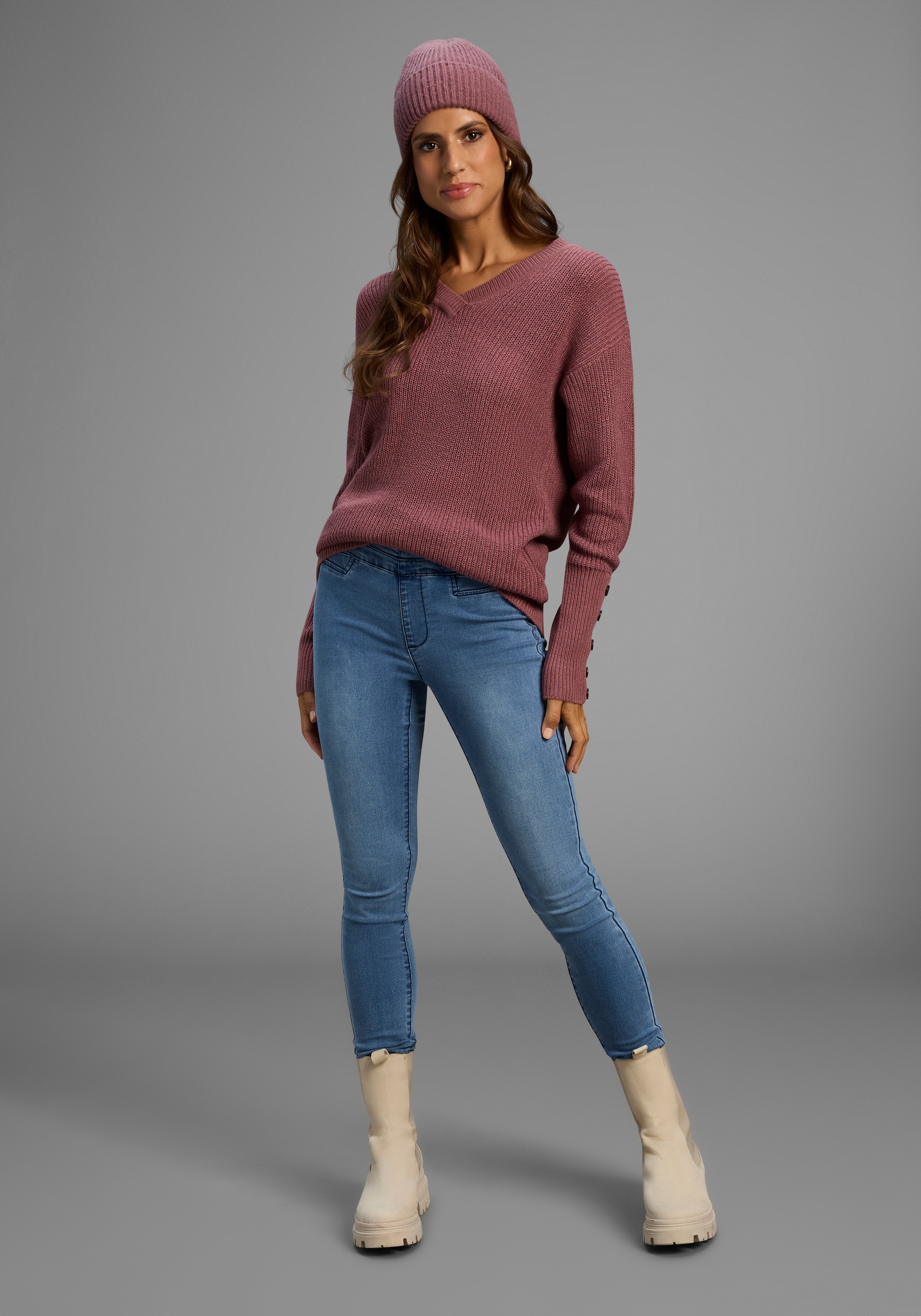 Laura Scott V-Ausschnitt-Pullover Übergangspullover aus Baumwolle mit Knopfleiste - NEUE KOLLEKTION