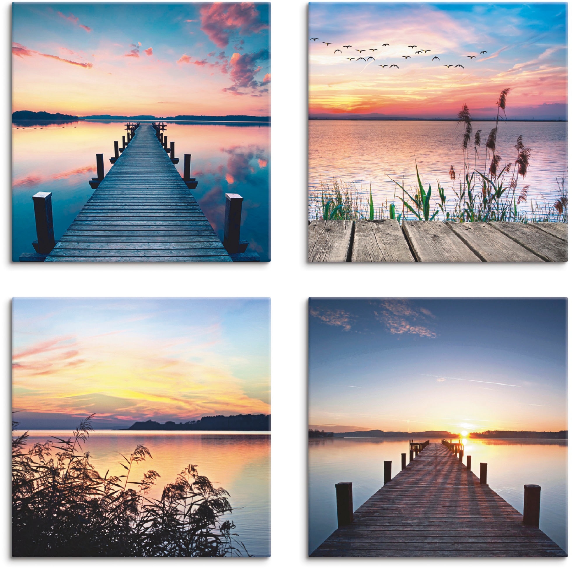Artland Leinwandbild »Pier See Abendrot Schilf Sonnenstrahlen«, Gewässer, (4 St.), 4er Set, verschiedene Größen