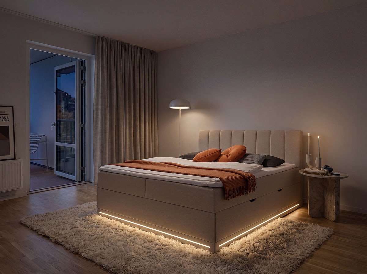 Home affaire Boxbett »WAKKANAI, Polsterbett mit Bettkasten, inkl. Taschfederkernmatratze H3« mit PUR-Schaum-Topper, mit LED-Lichtleiste, LIegefläche 180x200cm