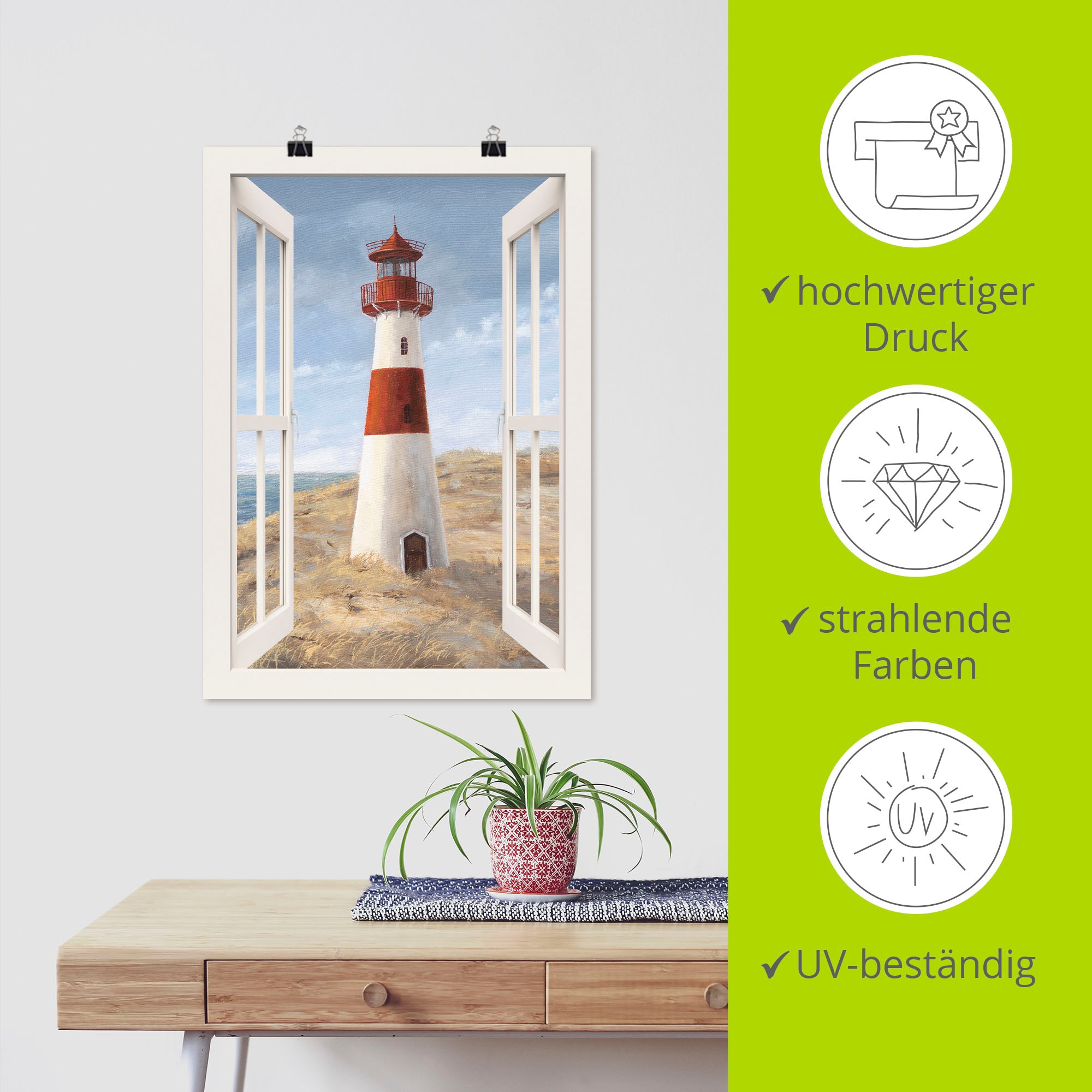 Artland Wandbild »Leuchtturm I Fensterblick« Gebäude 1 Stk. tlg. als Alubild, Leinwandbild, Poster in verschied. Größen