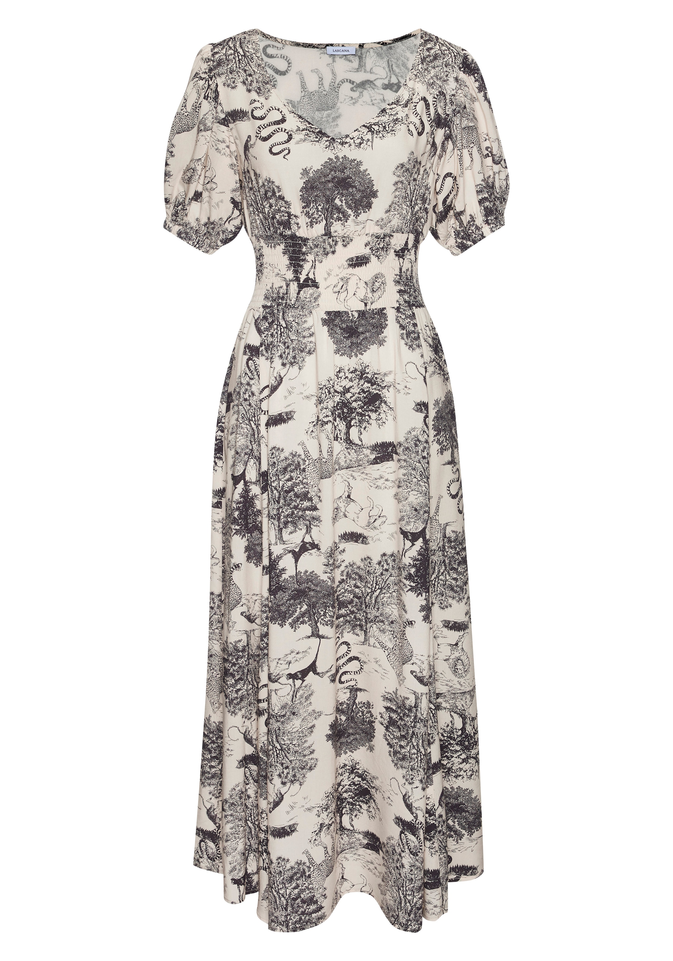 LASCANA Maxikleid mit Alloverdruck und V-Ausschnitt, Sommerkleid, Strandkleid