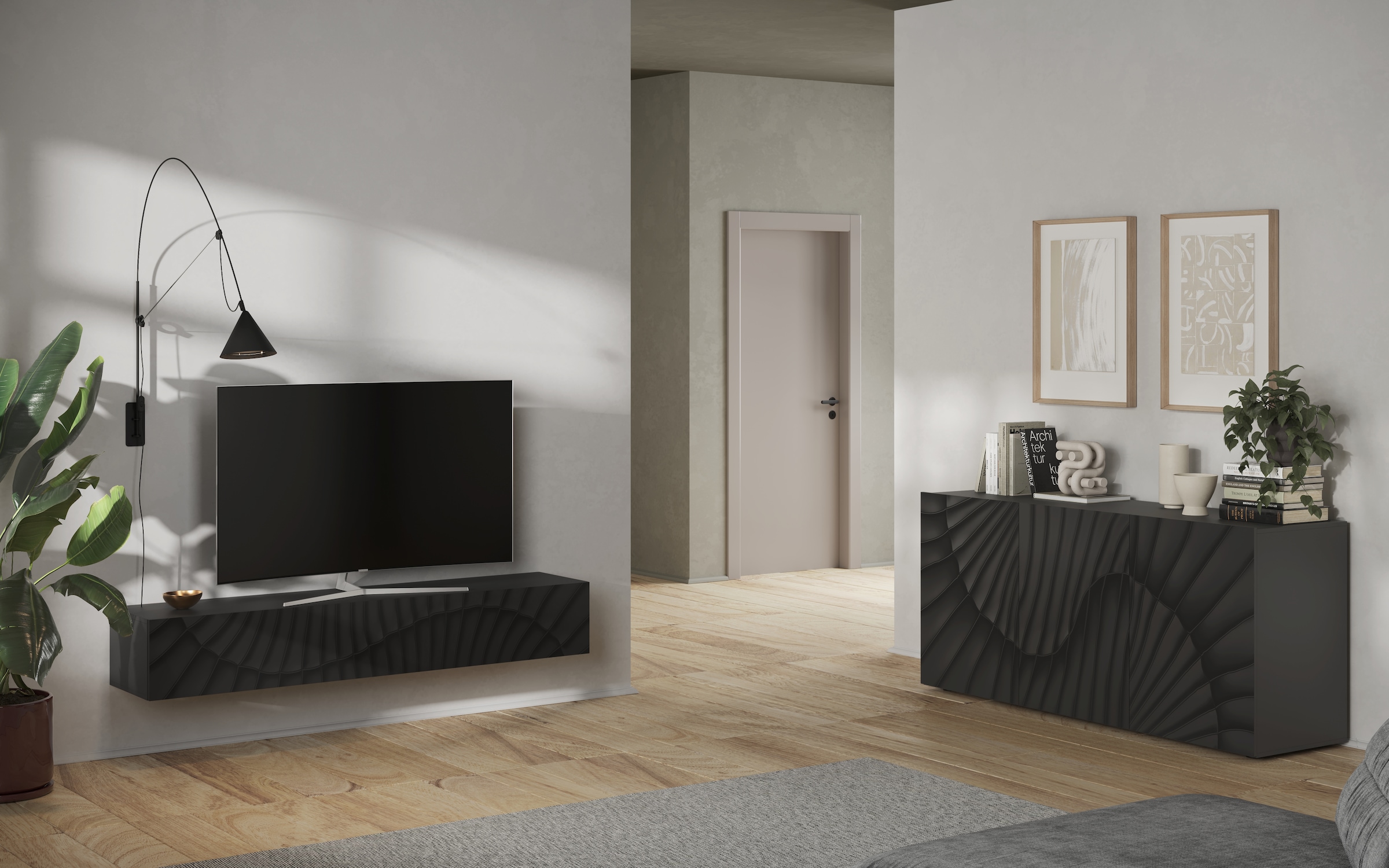 INOSIGN Lowboard »Snake Breite 180 cm, modernes TV-Board hängend mit 1 Klappe,«, TV-Möbel, TV-Schrank, Front mit Siebdruck