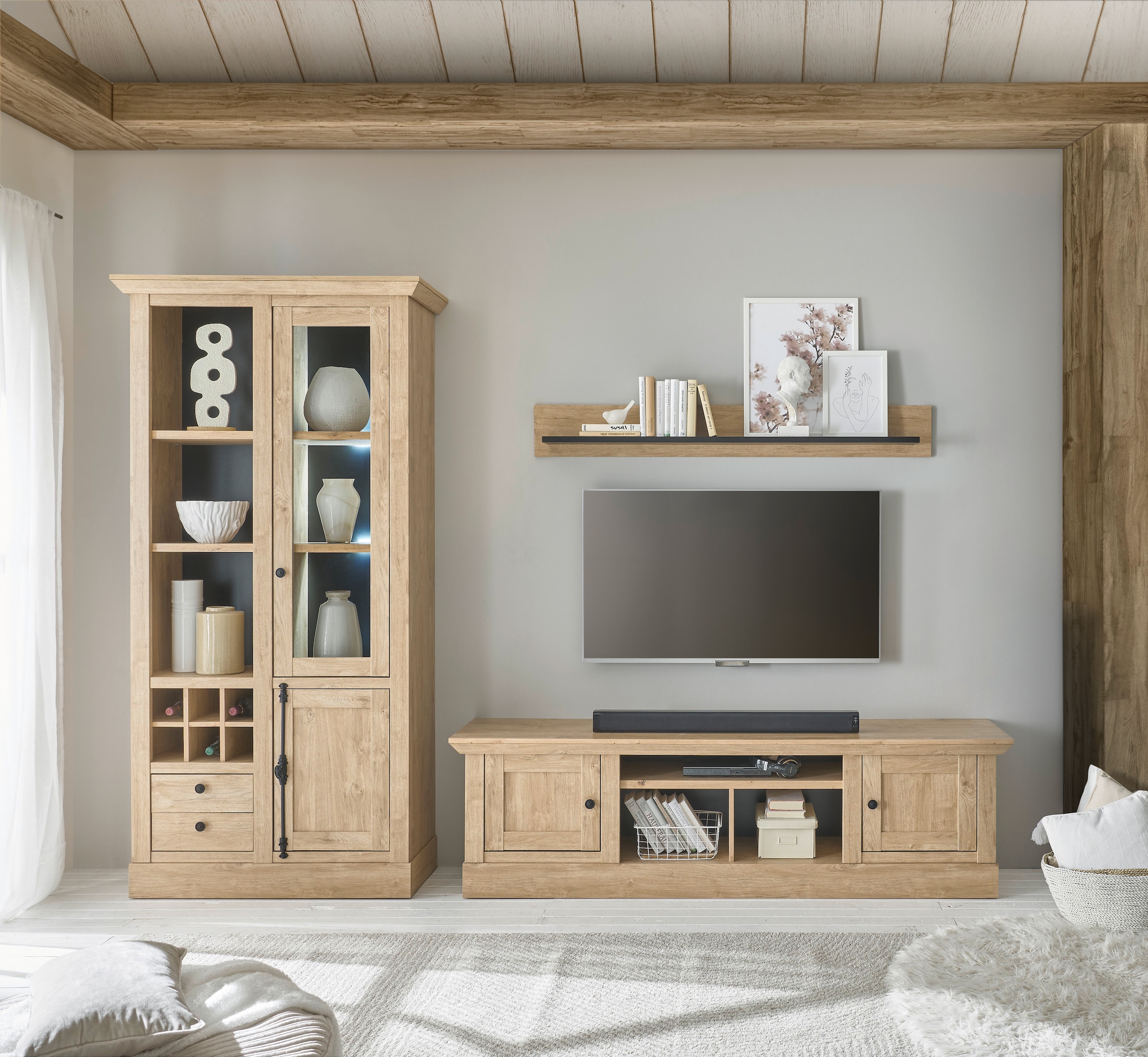 Wohnwand »Cornwall, Anbauwand im Landhausstil, Wohnzimmer-Set, in Eiche Dekor«, (Set,...