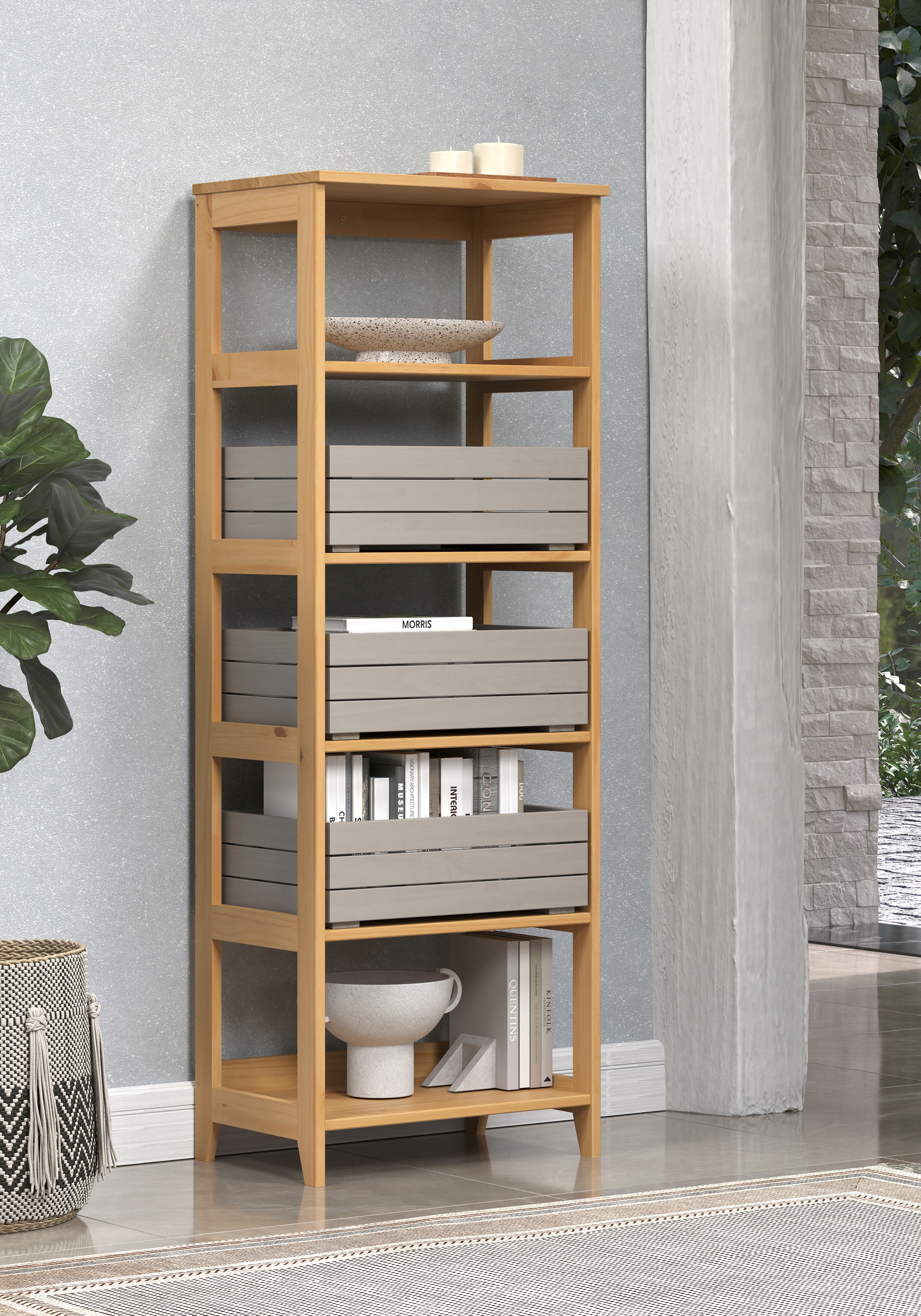 INTER-FURN Schublade »Arona Holzkisten«, (3 St.), 3er Set Massivholzkisten, Kiefer, Grau Wachs, B/H/T: 45 / 15 / 32 cm