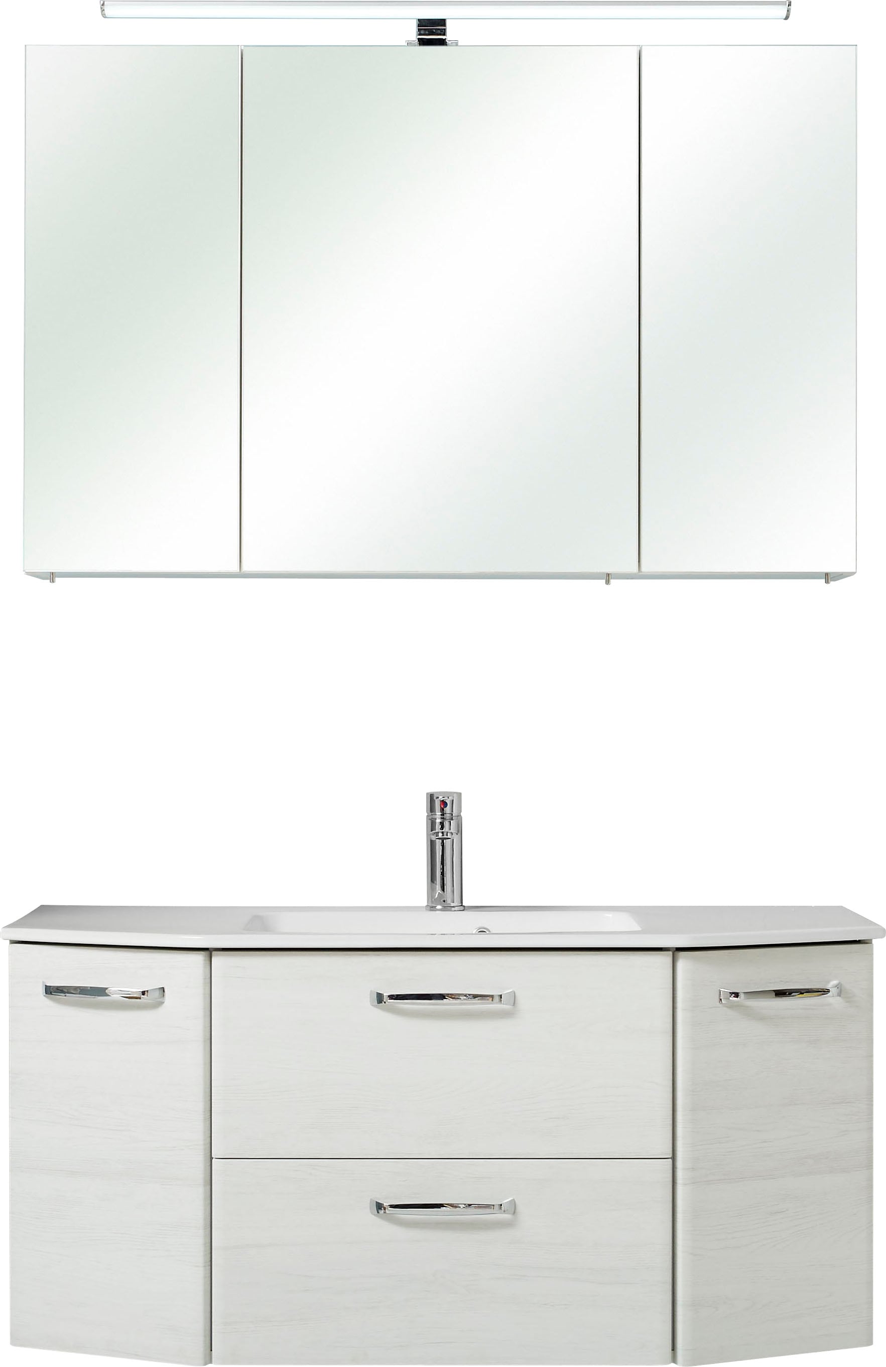 Saphir Badmöbel-Set »Quickset 2-teilig, Keramik-Waschtisch mit LED-Spiegelschrank, 5 Türen«, (Set, 2 St.), Unterschrank mit Waschbecken, inkl. Türdämpfer, Griffe Chrom Glanz
