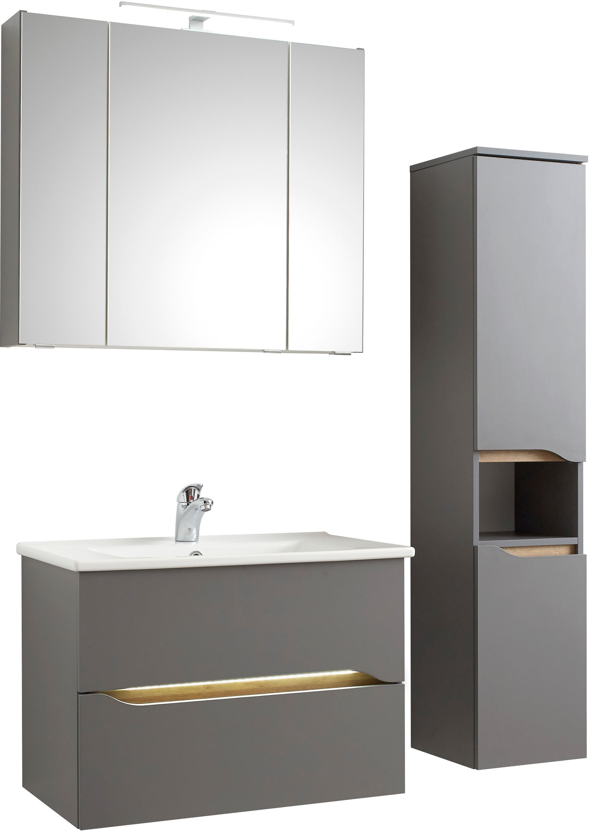 Saphir Badmöbel-Set »Quickset 3-teilig, Keramik-Waschtisch und LED-Spiegelschrank« 5 Stk. tlg.