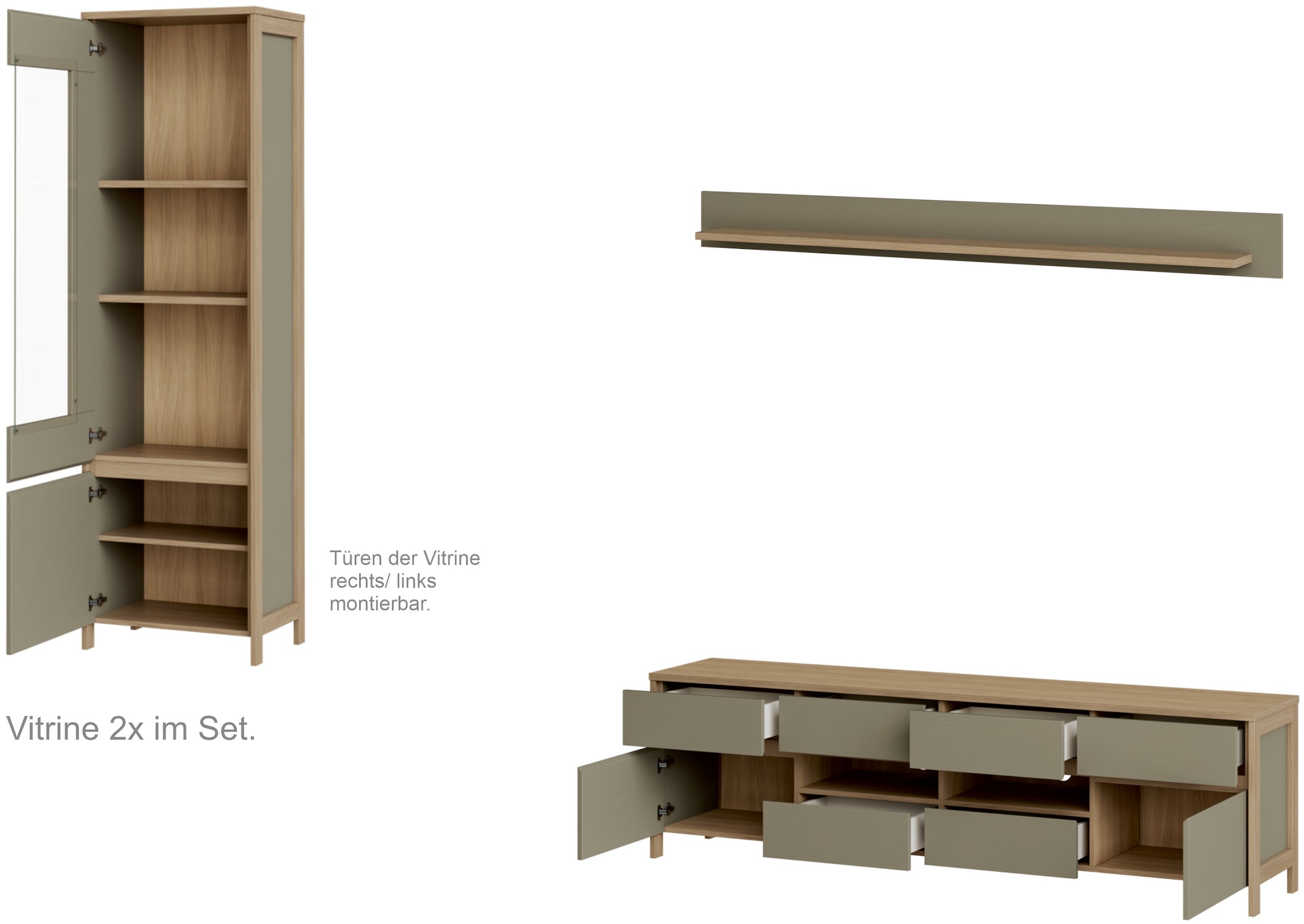 Home affaire Wohnwand »Stranda, moderne Anbauwand, Komplettset im Scandi-Style«, (4 St.), enthält zwei Vitrinen, Lowboard und Wandboard, 344 cm breit