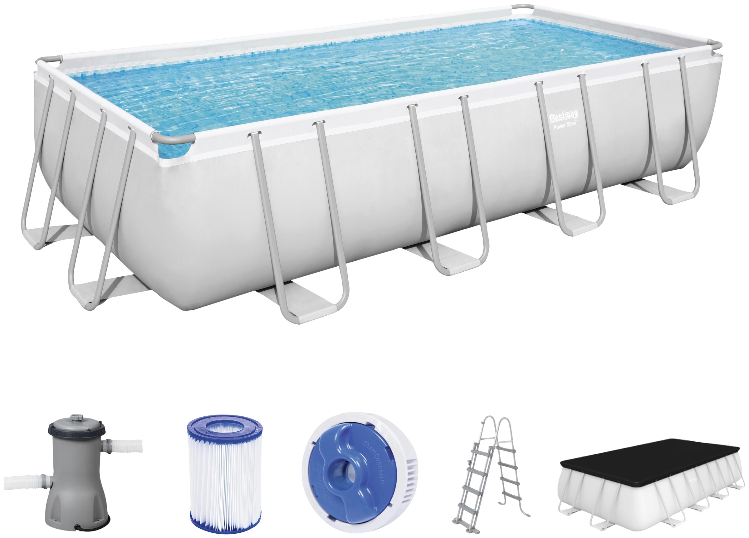 Bestway Pool »Msteel«, (Set, 6 tlg.), BxLxH: 244x488x122 cm mit Kartuschenfilterpumpe, Sicherheitsleiter, Abdeckplane, Chemikaliendosierer