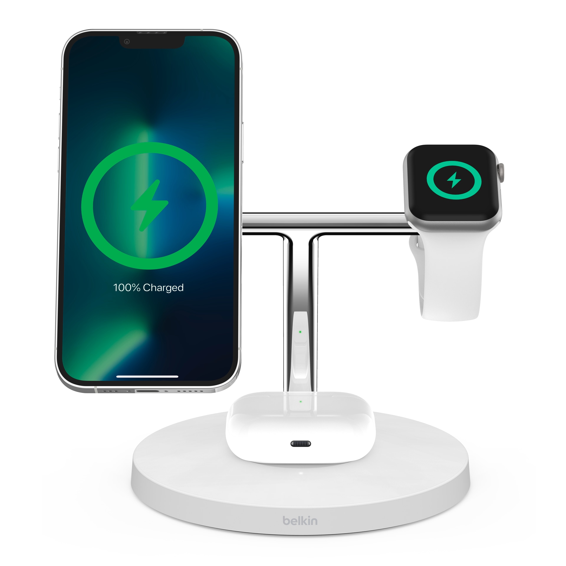 Belkin Wireless Charger »Belkin drahtloses 3-in-1 MagSafe Ladegerät«, (inkl. Netzteil kompatibel für iPhone der Serie 15/14/13/12), für iPhone, Apple Watch und AirPods, Wireless Ladestation/Ladeständer