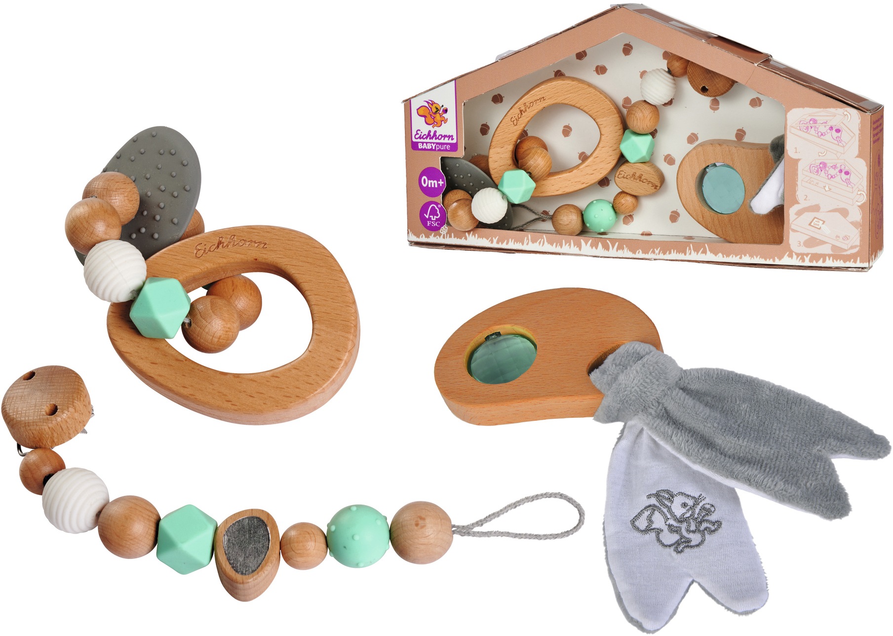Eichhorn Greifling »Baby Pure Geschenkset«, (Set, 3 tlg.), mit Schnullerkette, Beissring und Greifling; FSC®-Holz aus gewissenhaft bewirtschafteten Wäldern