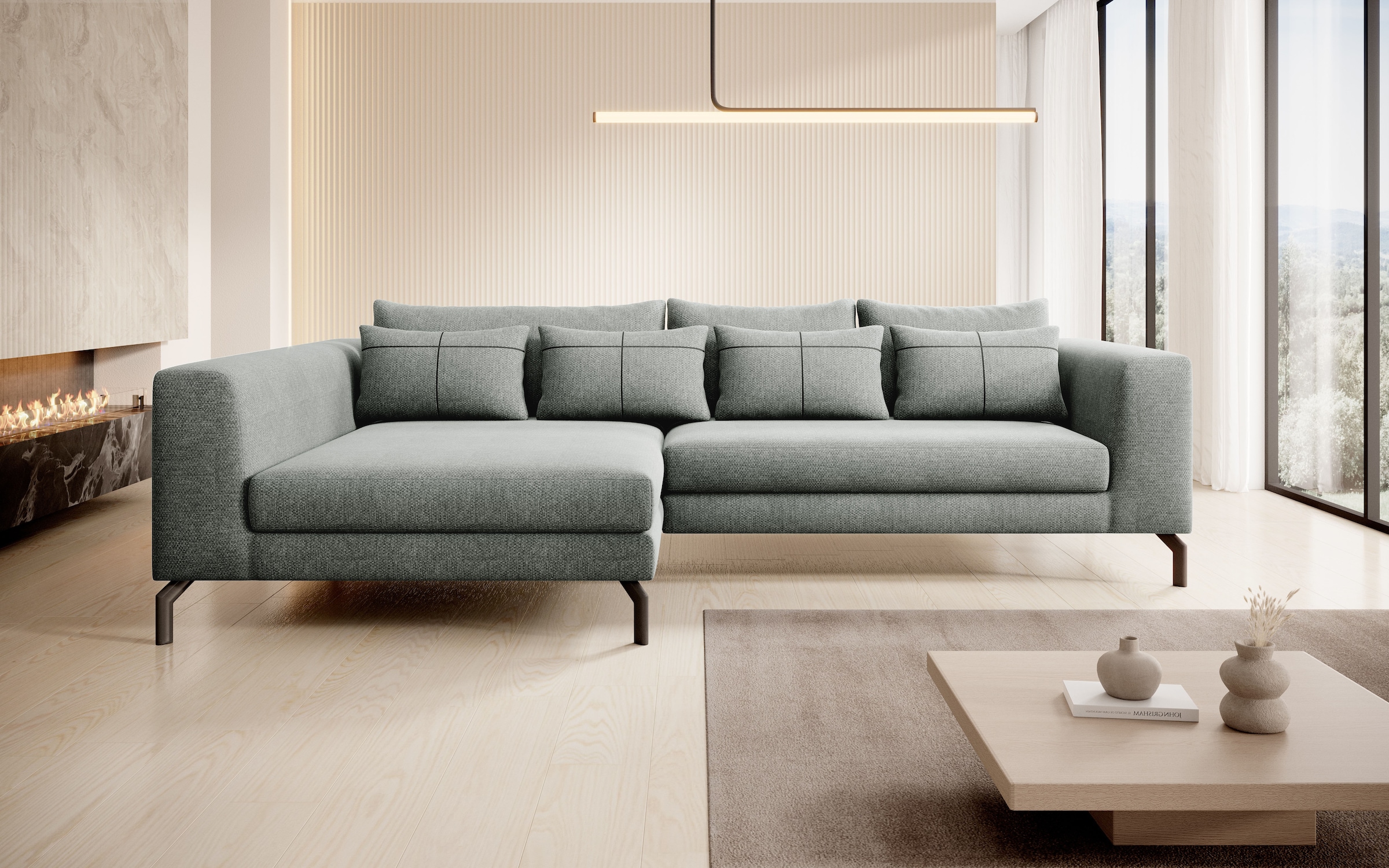 INOSIGN Ecksofa »Cross, mit softem Sitz, L-Form, wendbare Zierkissen, Breite 284 cm«, Couch mit vielen Kissen, stylische Kreuznaht, elegante Metallfüße