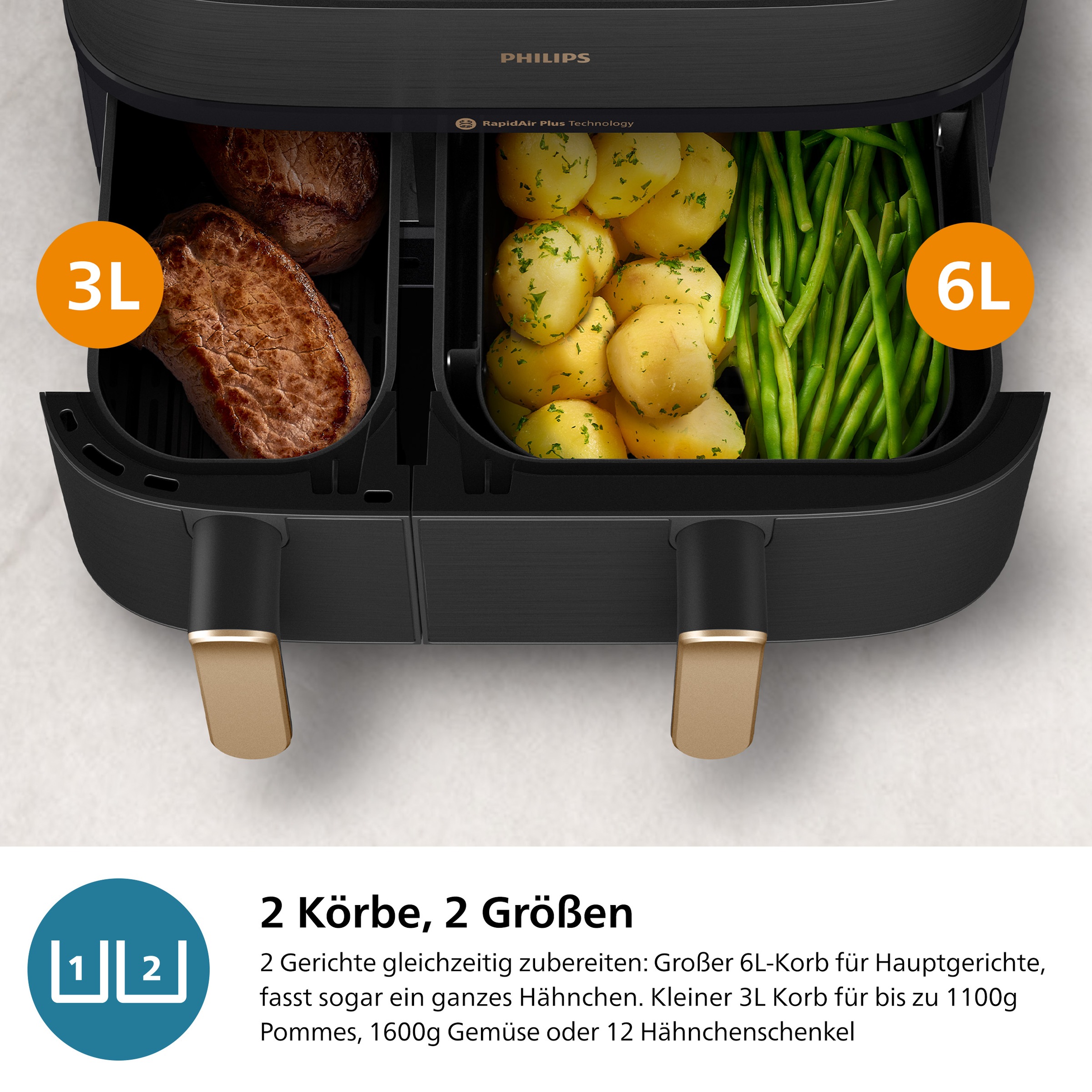 Philips Heißluftfritteuse »NA552/00 Steam Airfryer 5000 Series Dual Basket 9L Kapazität (3L+6L)«, 2750 W, mit Dampfgar-Funktion; Schwarz/Kupfer
