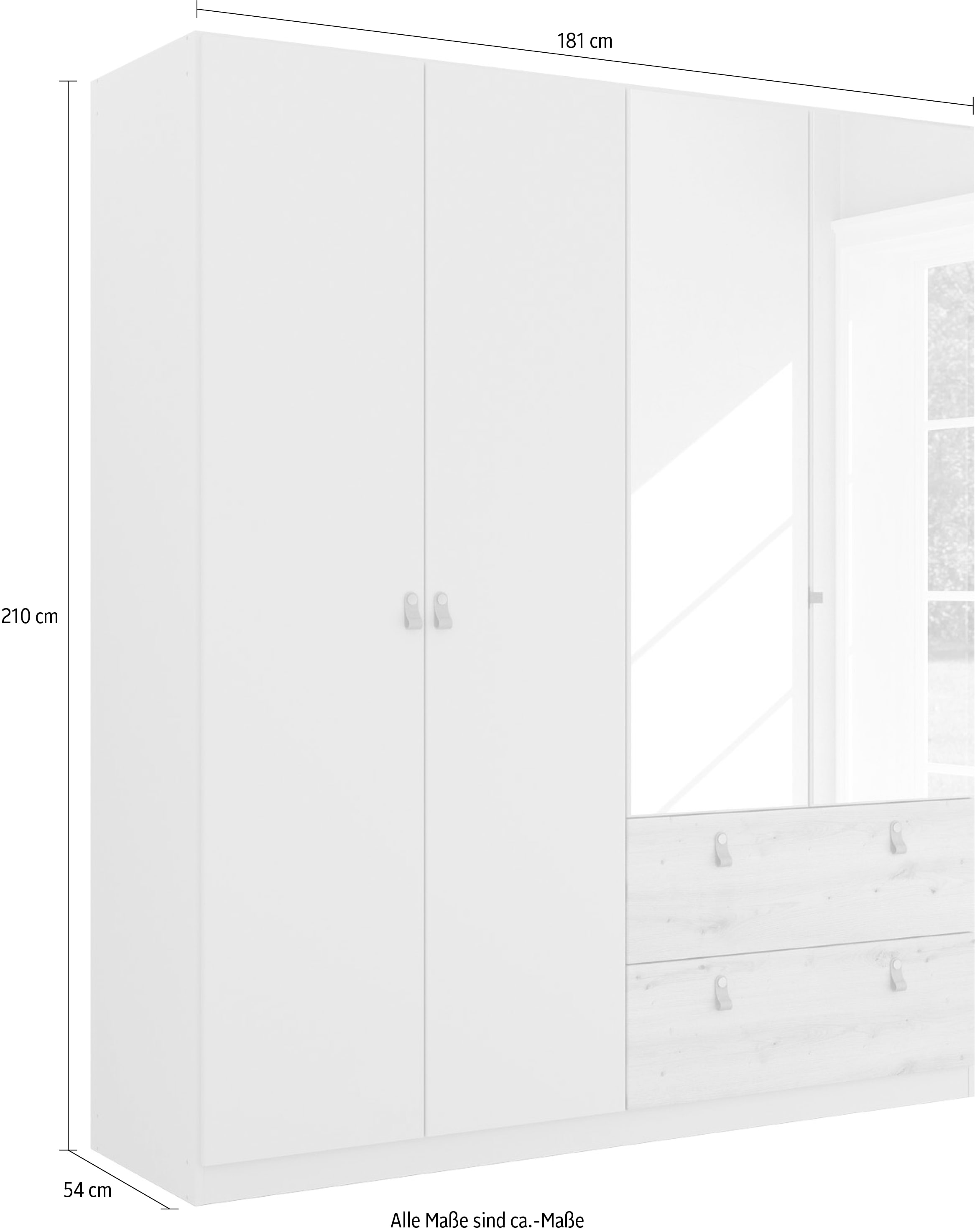 rauch Drehtürenschrank »Homey by Quadra Spin« mit cognacbraunen Ledergrifflaschen, Schubladen in Eichen-Dekor