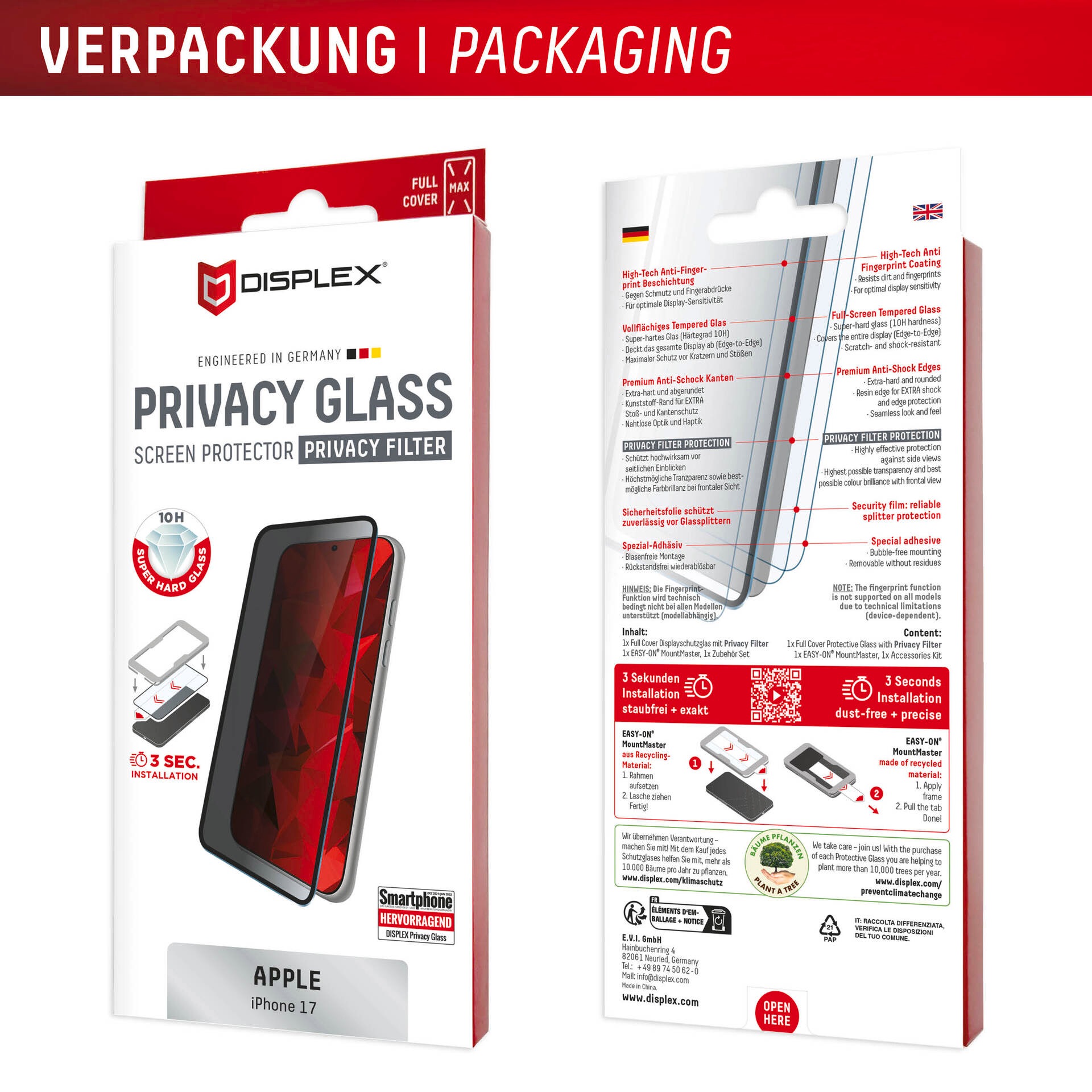 Displex Displayschutzglas »Privacy Glass Screen Protector mit EASY-ON MountMaster« für Apple iPhone 17 Displayschutzfolie, Schutzfolie, Bildschirmschutz, kratz- & stoßfest