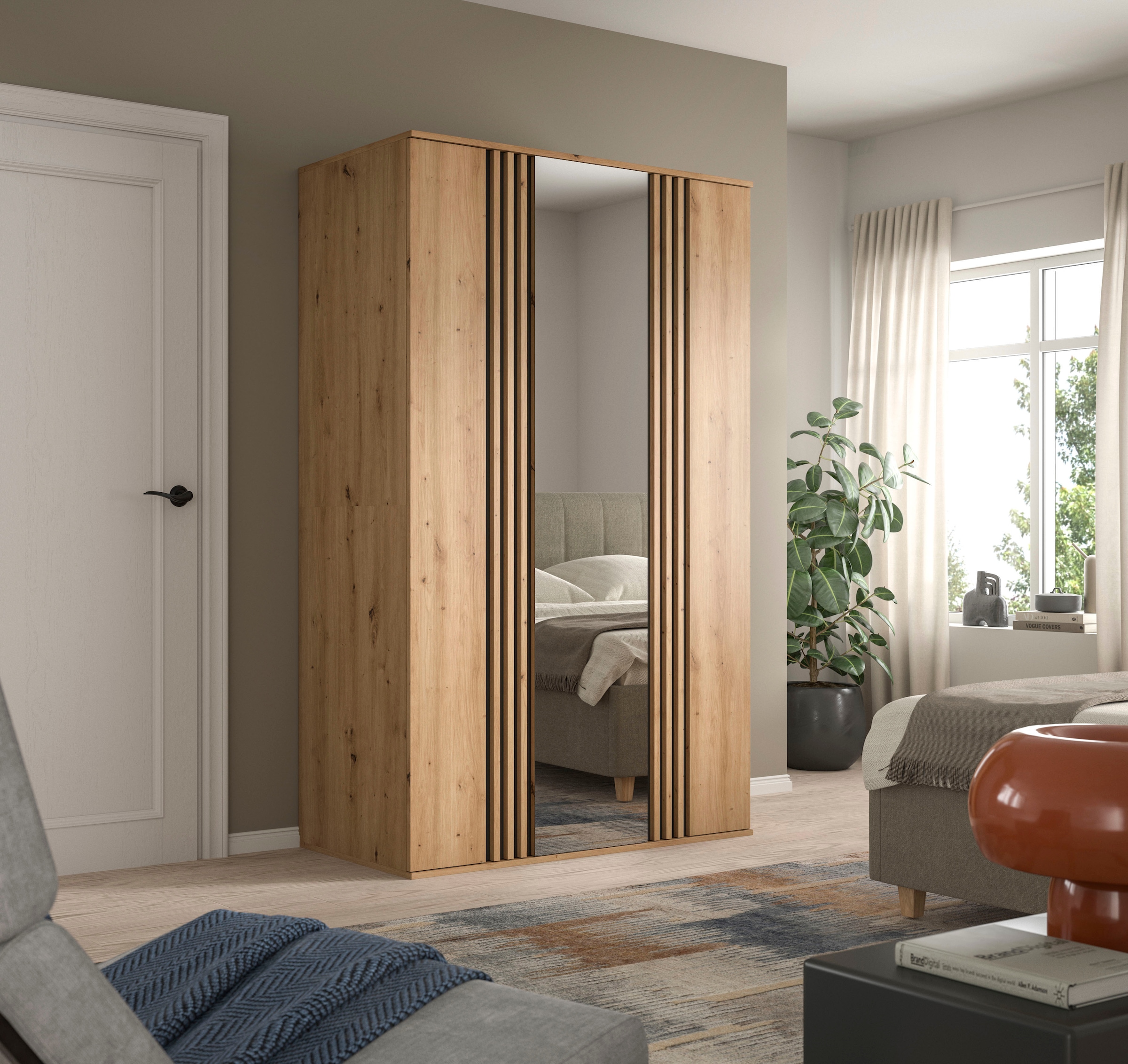 Home affaire Kleiderschrank »ALVA, Breite 120 cm, mit griffloser Front in Paneeloptik, Schrank« Schlafzimmerschrank in weiteren Ausführungen erhältlich,  3 Türen, davon 1 Spiegeltür, 1 Kleiderstange, 5 Einlegeböden