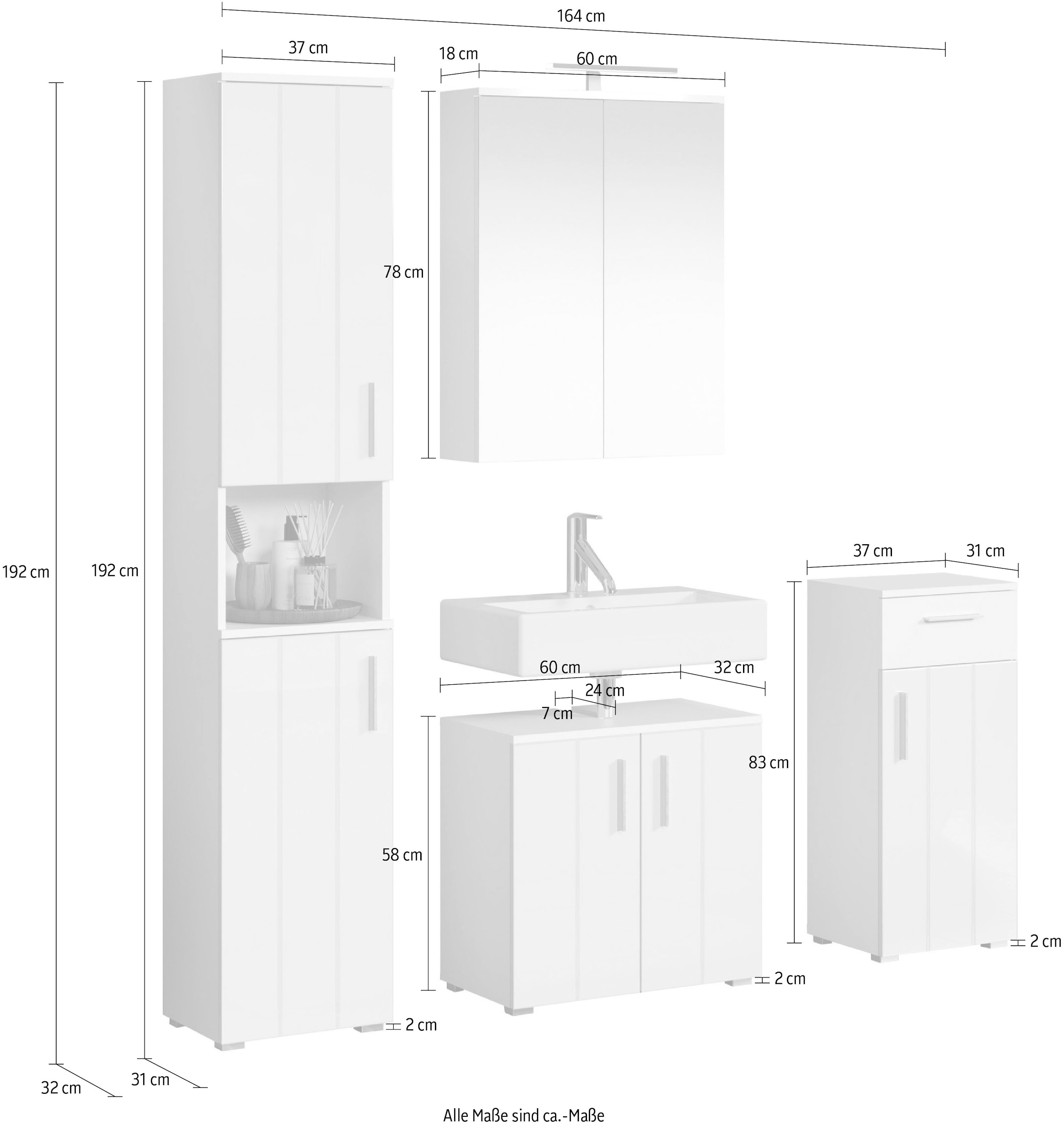 welltime Badezimmer-Set »Prag«, (Set, 4 St.), Badmöbel - Hochschrank, Waschtisch, Spiegelschrank und Unterschrank
