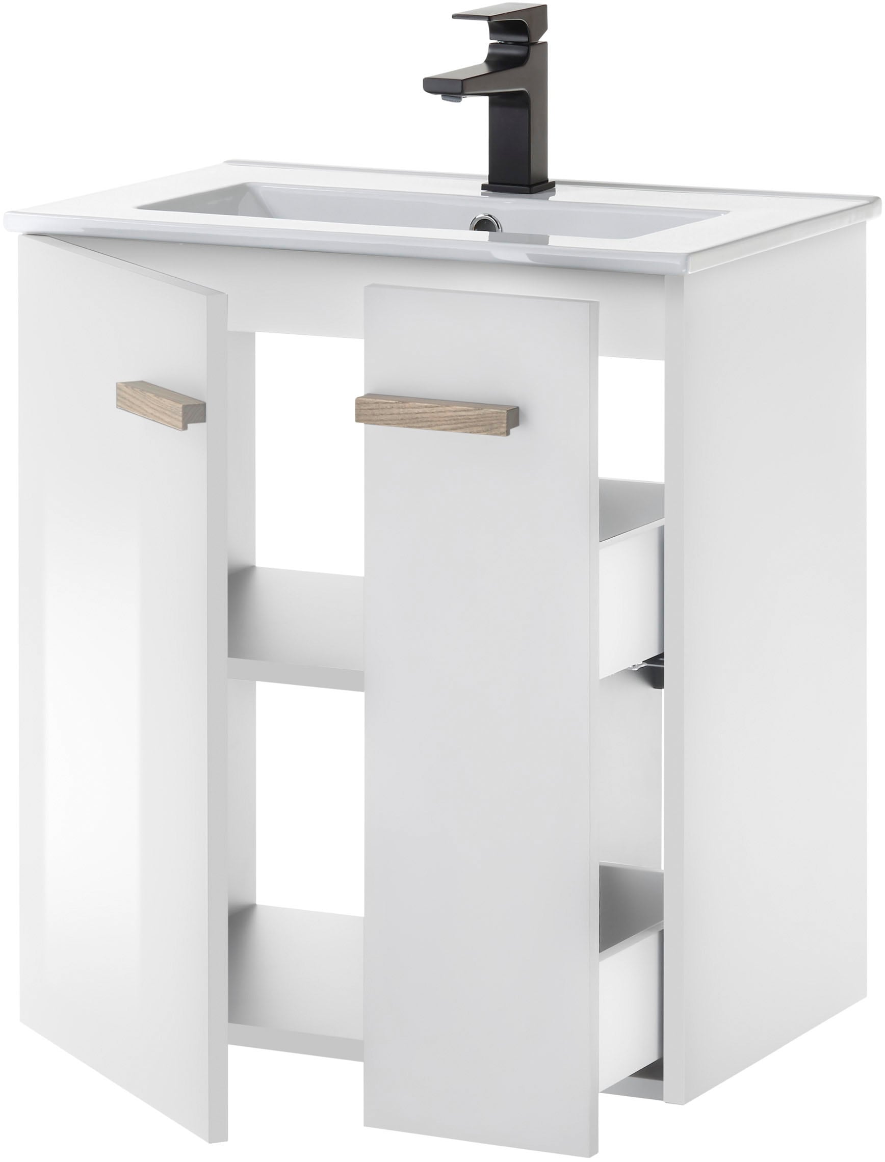Places of Style Waschtisch »SOLiD, Unterschrank inkl. Waschbecken, Badschrank mit Holzgriffe«, in zwei Farben verfügbar, inkl. Waschbecken, Breite 60 cm