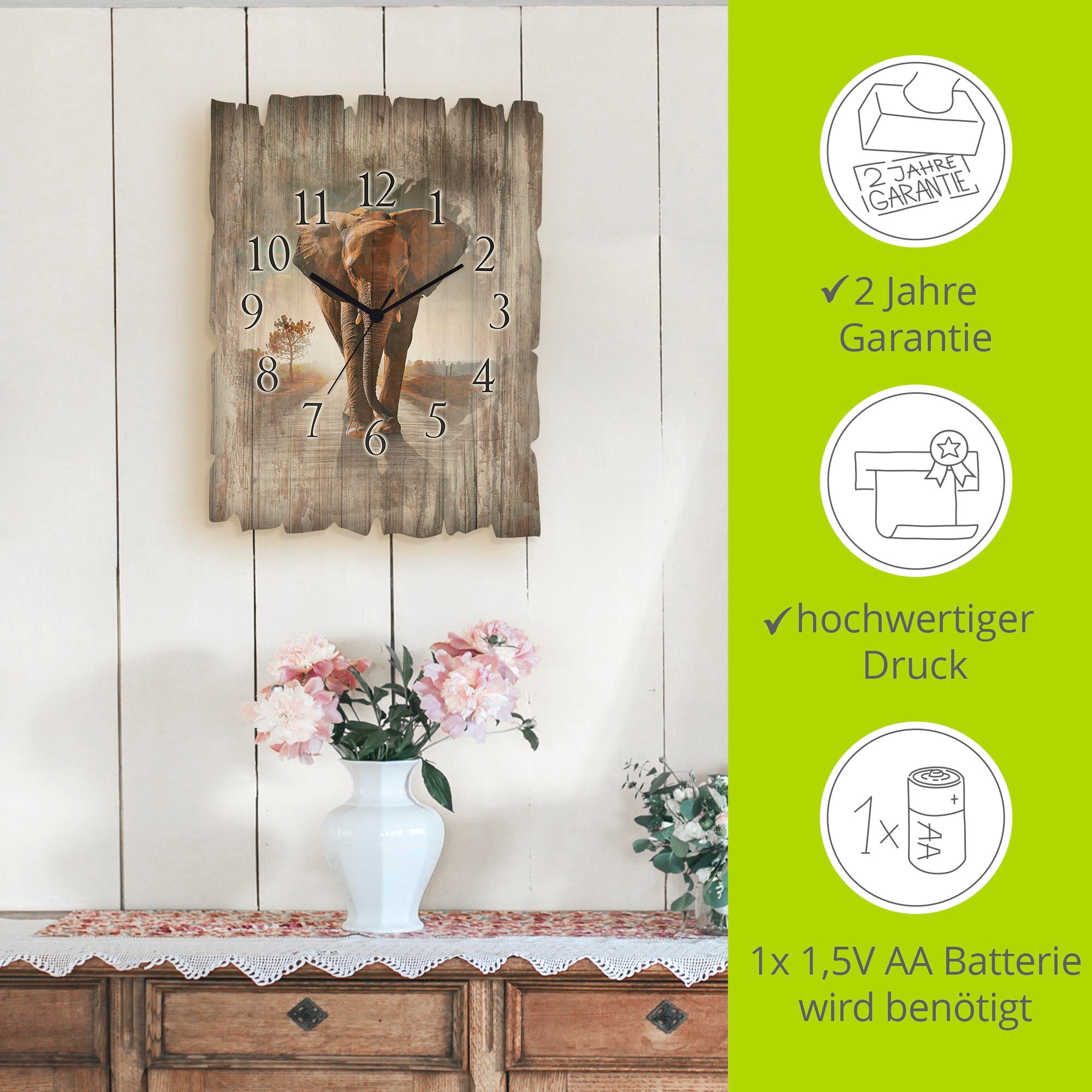Artland Wanduhr »Ein Elefant läuft auf der Straße« wahlweise mit Quarz- oder Funkuhrwerk, lautlos ohne Tickgeräusche