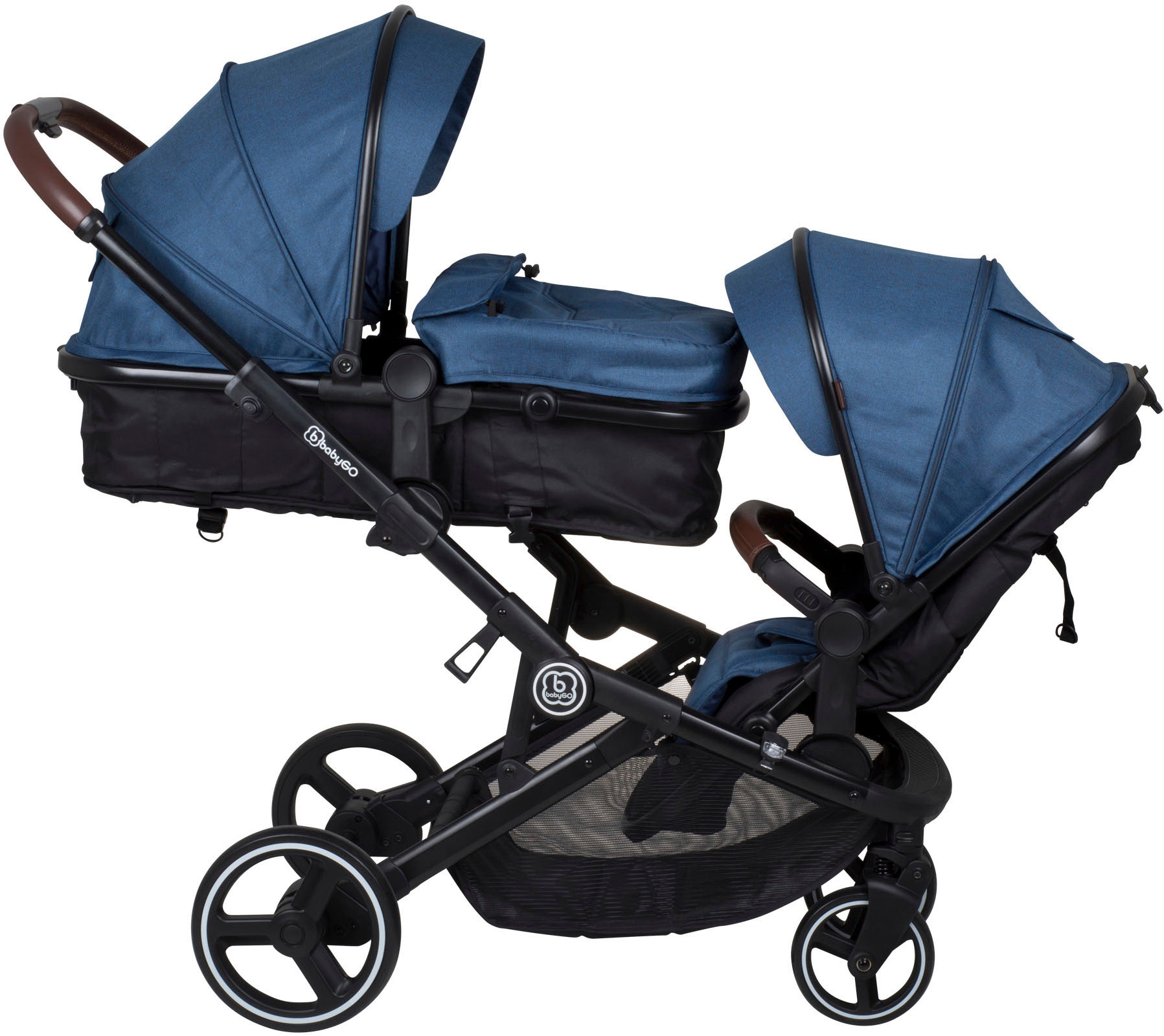 BabyGo Zwillings-Kombikinderwagen »Twinner Set, blau«, inkl. Wickeltasche und Regenschutz