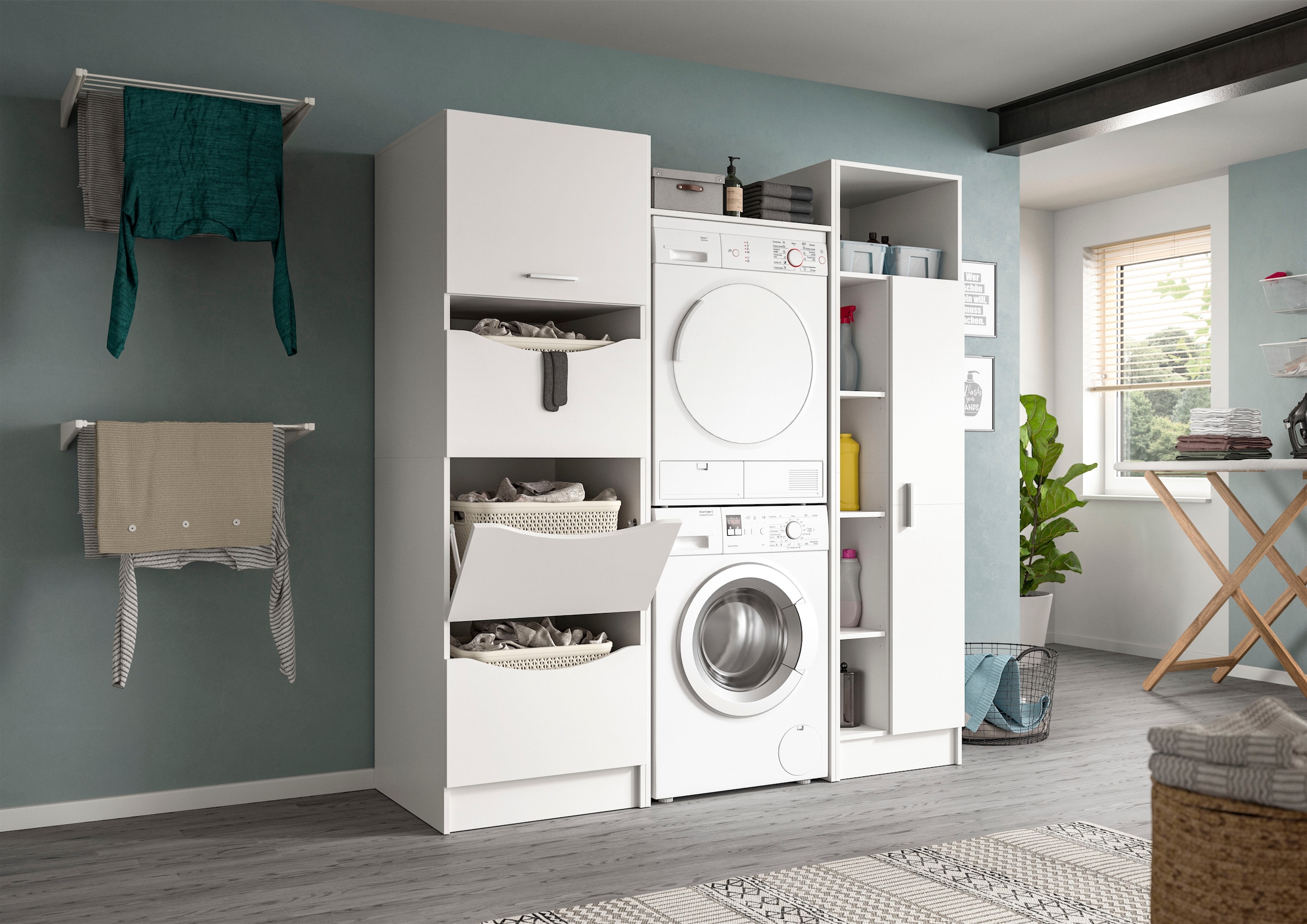 welltime Badmöbel-Set »FALAS, TOPSELLER!, 3-teilig, Hauswirtschaftsraum Set, Breite 176 cm« Set, 1x Wäscheschrank, 1x Waschmaschinenumbauschrank, 1x Mehrzweckschrank, 3 Stk. tlg.