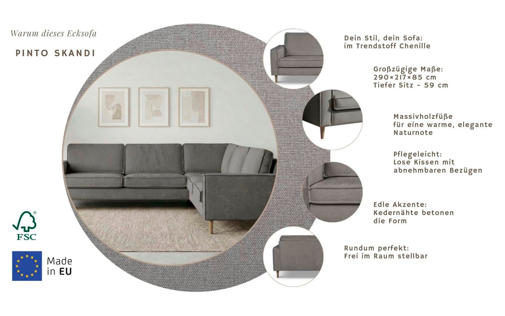 Home affaire Ecksofa »Pinto Skandi, 290 cm, Chenille, Struktur, Ottomane links / rechts« mit Keder, Massivholzfüße Eiche geräuchert, Wellenunterfederung