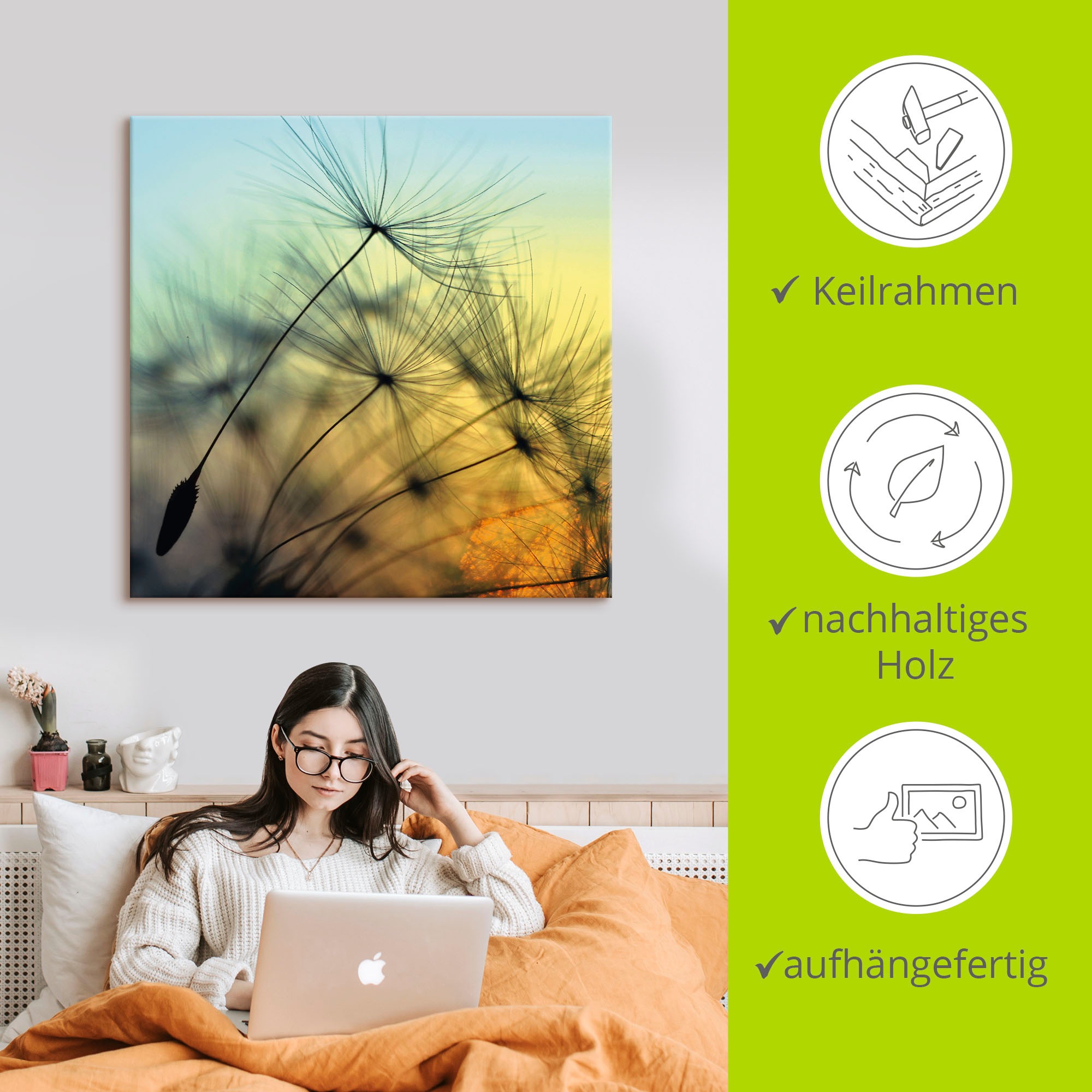 Artland Wandbild »Goldener Sonnenuntergang und Pusteblumen«, Blumen, (1 St.), als Alubild, Outdoorbild, Leinwandbild, Poster, Wandaufkleber