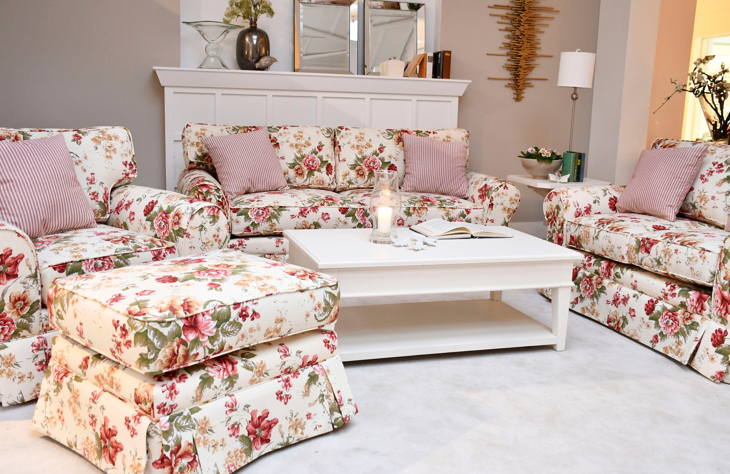 Home affaire 3-Sitzer »Laura K«, Geblümtes 3-Sitzer Sofa, creme Weiß, 210 x 95 x 97, Sitzhöhe 53