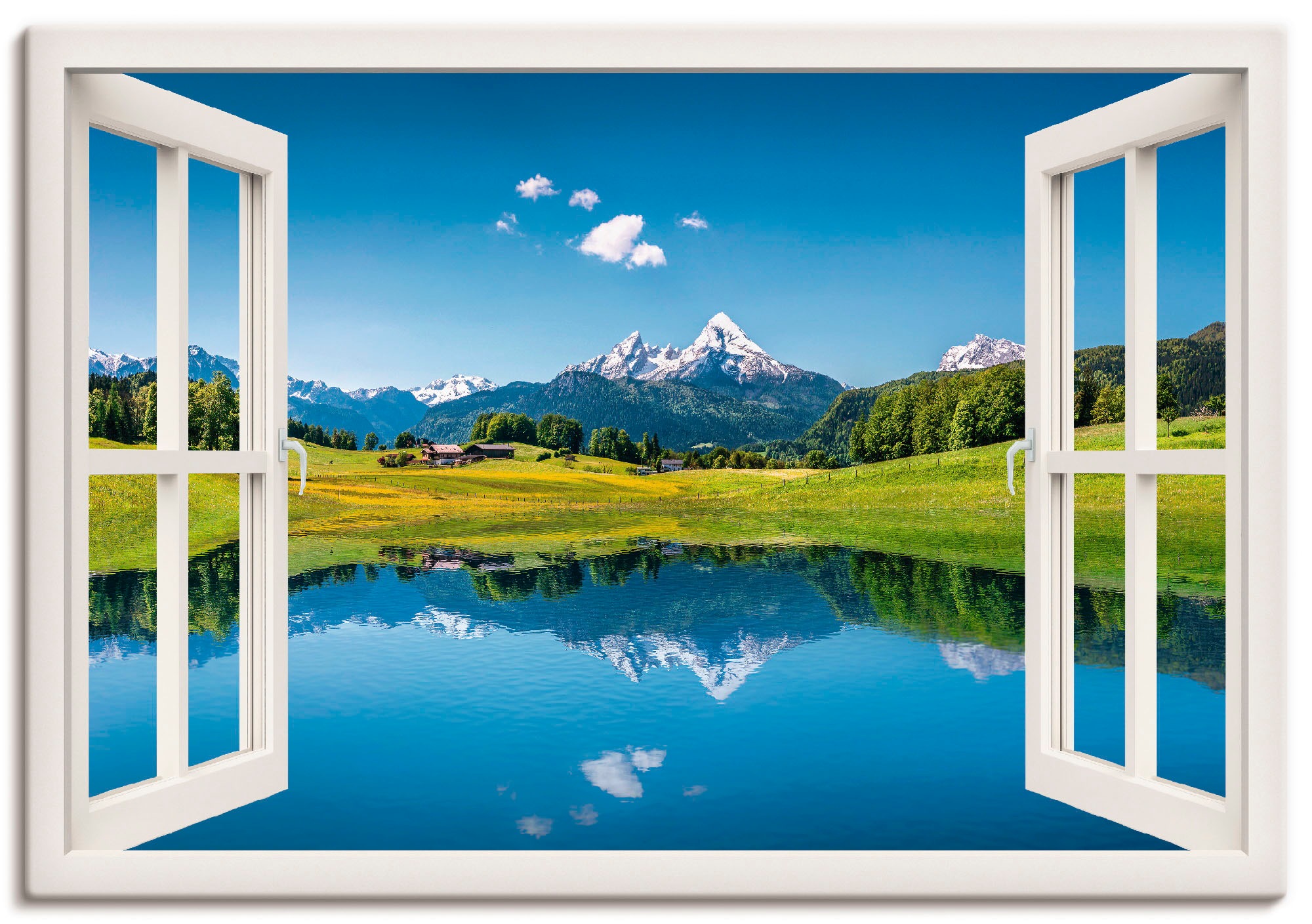 Artland Wandbild »Fensterblick Alpen und Alubild, (1 oder Shop Wandaufkleber OTTO Bergsee«, Berge, im Online Poster kaufen Leinwandbild, in St.), Größen als versch