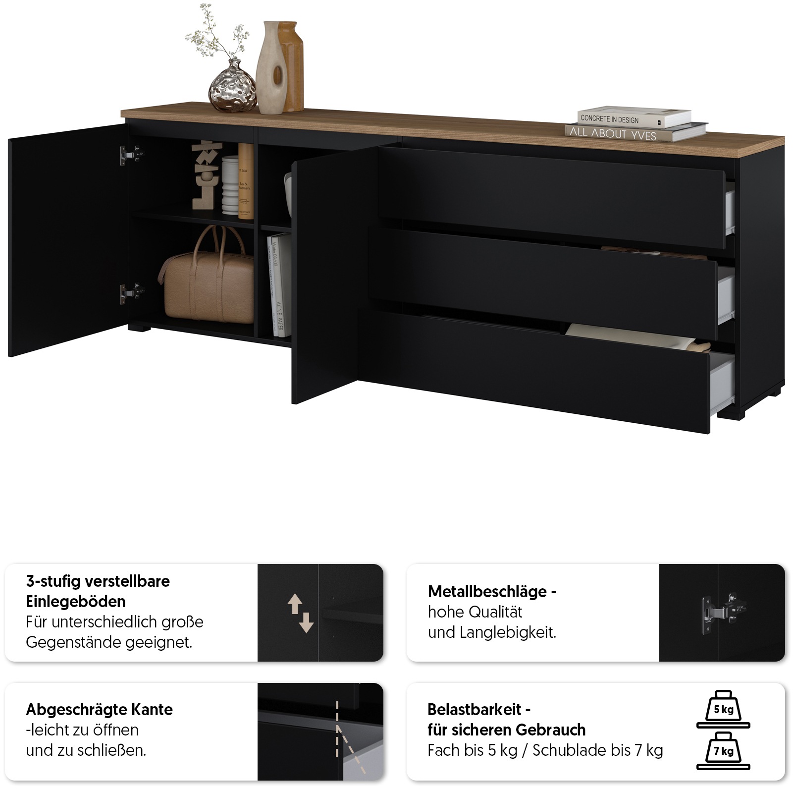 OTTO home Sideboard »Modo, Breite 200 cm, moderne grifflose Kommode 2Türen/3 SK« Schubladenkommode mit viel Stauraum, Einlegeböden verstellbar