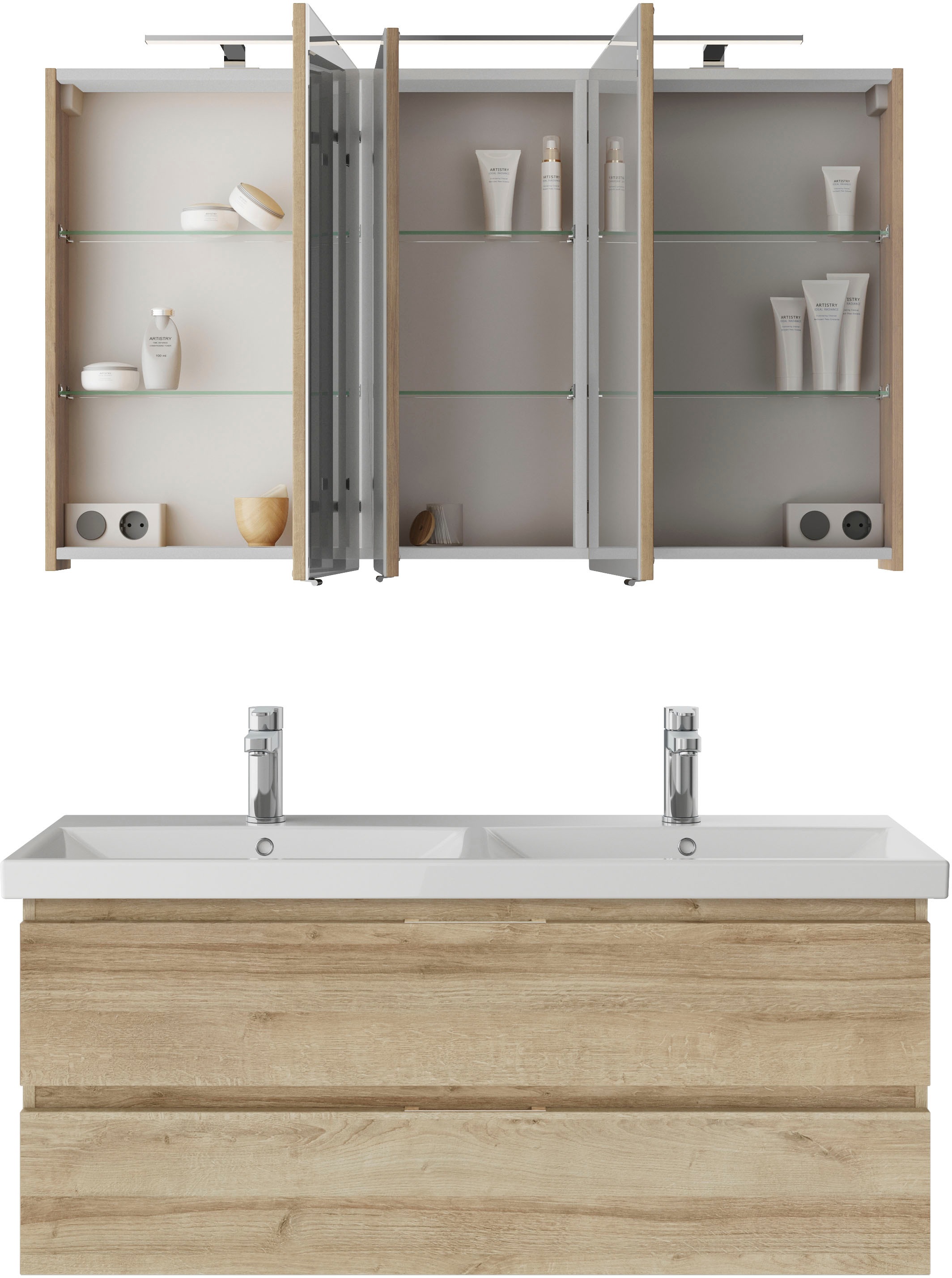 Saphir Badmöbel-Set »Serie 4035 2-teilig, Keramik-Doppelwaschtisch mit LED-Spiegelschrank«, (Set), Doppel-Waschplatz inkl Türdämpfer, 120 cm breit, 2 Schubladen, 3 Türen
