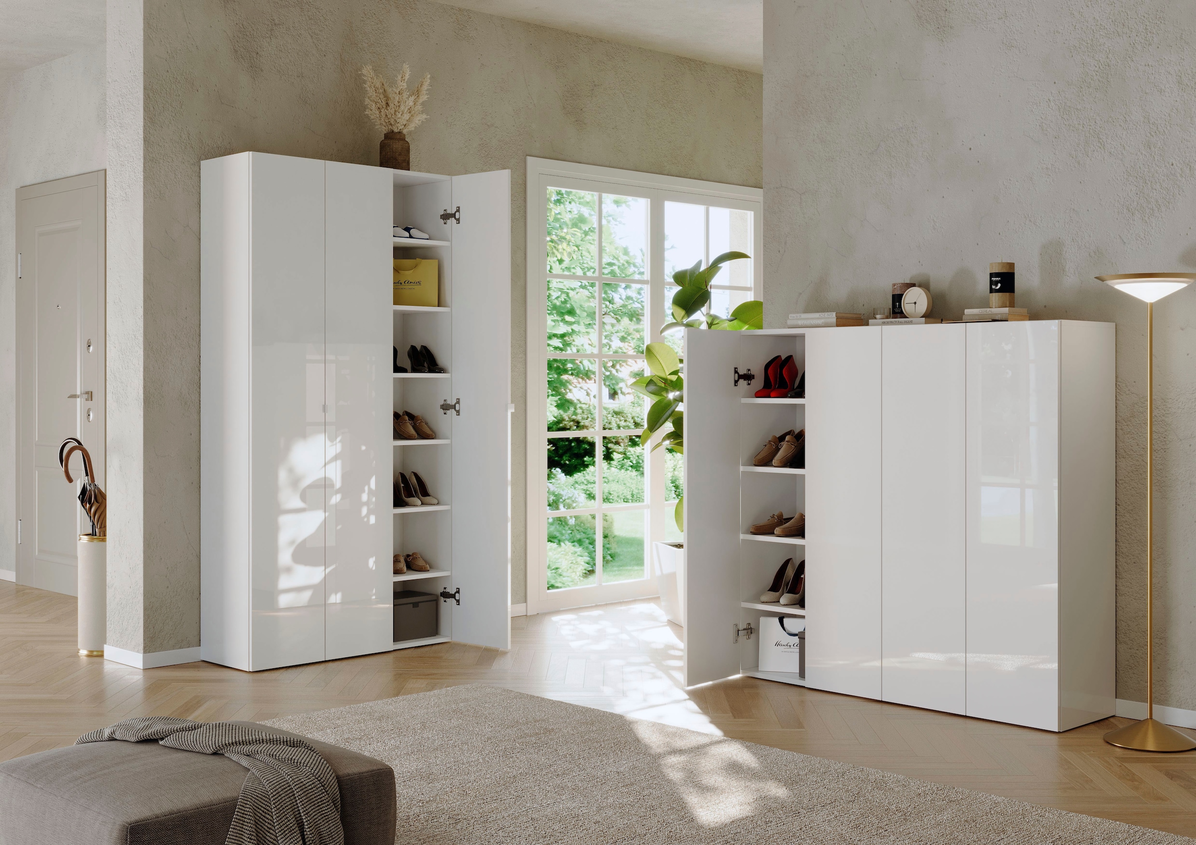 INOSIGN Schuhschrank »SMILE Breite 124 cm, Höhe 114 cm, Schuhregal mit 5 Ebenen, 10 Fächer,«, Schuhkommode in Weiss Hochglanz Lack