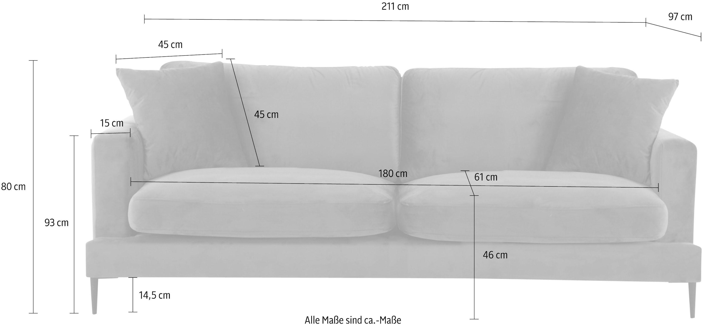 Leonique 3-Sitzer »Cozy elegantes Designsofa, Maße B/T/H: 211/97/80 cm« mit losen Kissen und Metallbeinen