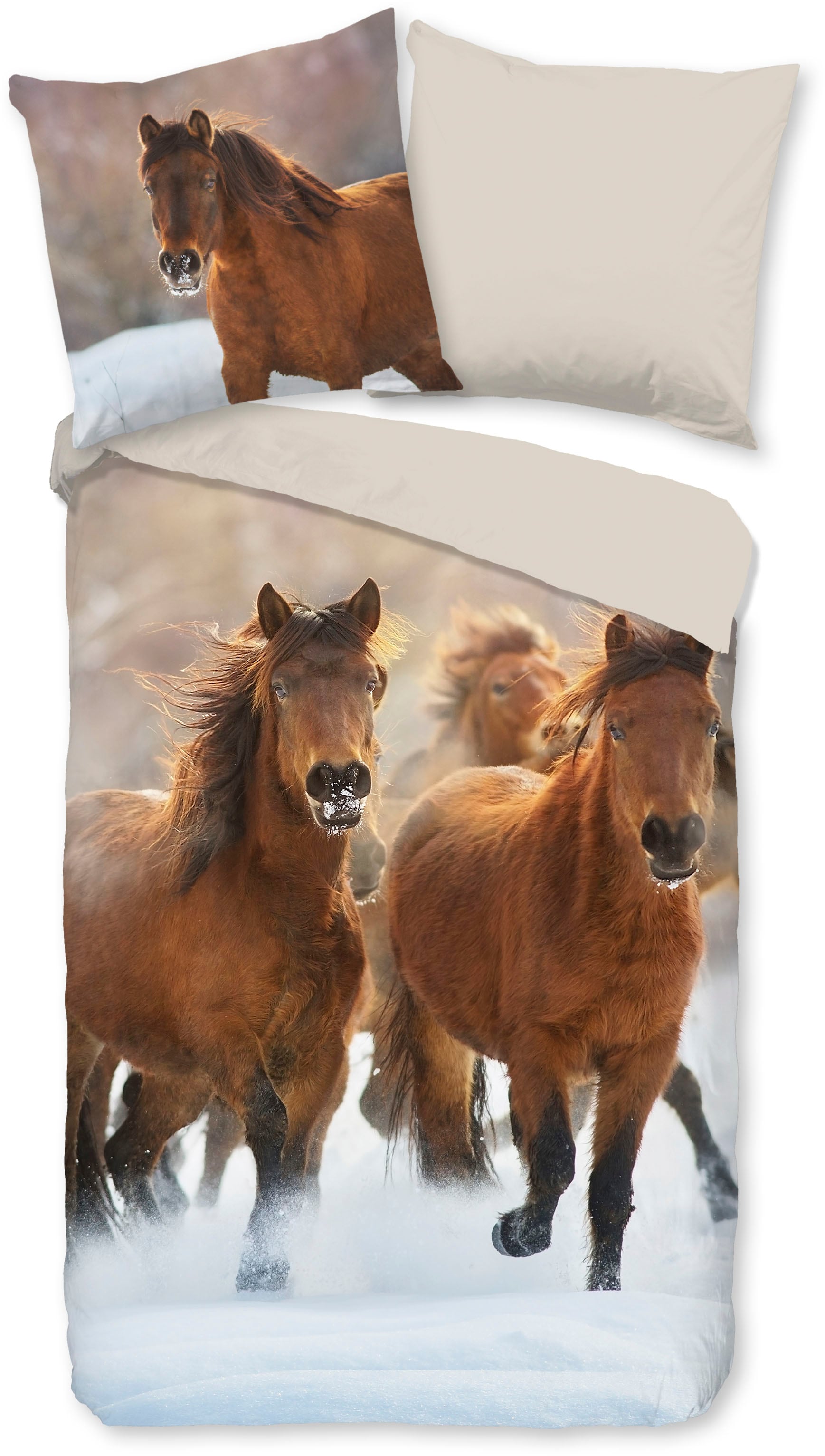 Kinderbettwäsche »Ponies«, Biber, 135x200, Winter, Warm, Reißverschluss, Wendeoptik,...