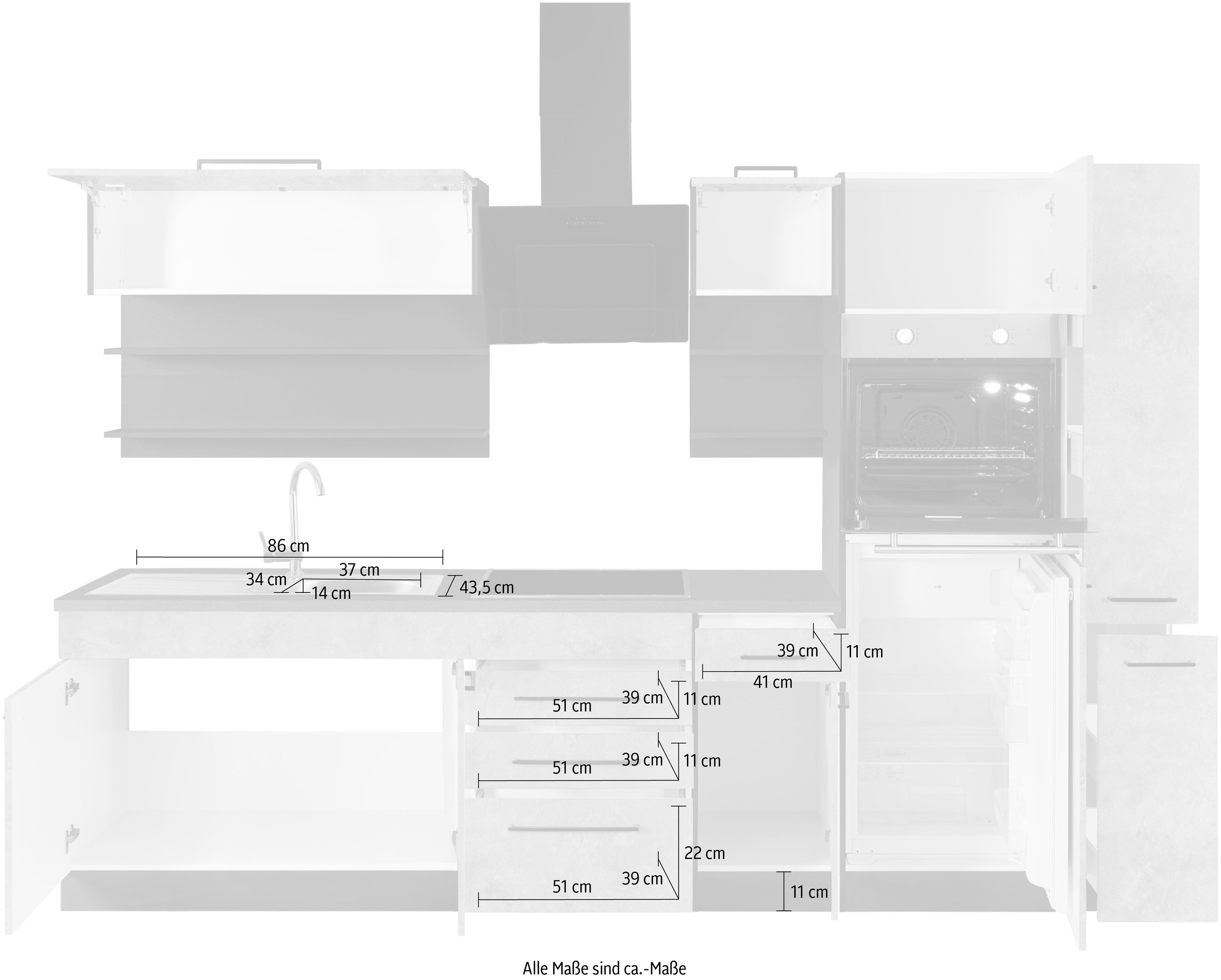 KOCHSTATION Küchenzeile »KS-Tulsa«, mit E-Geräten, Breite 300 cm, schwarze Metallgriffe, MDF Fronten