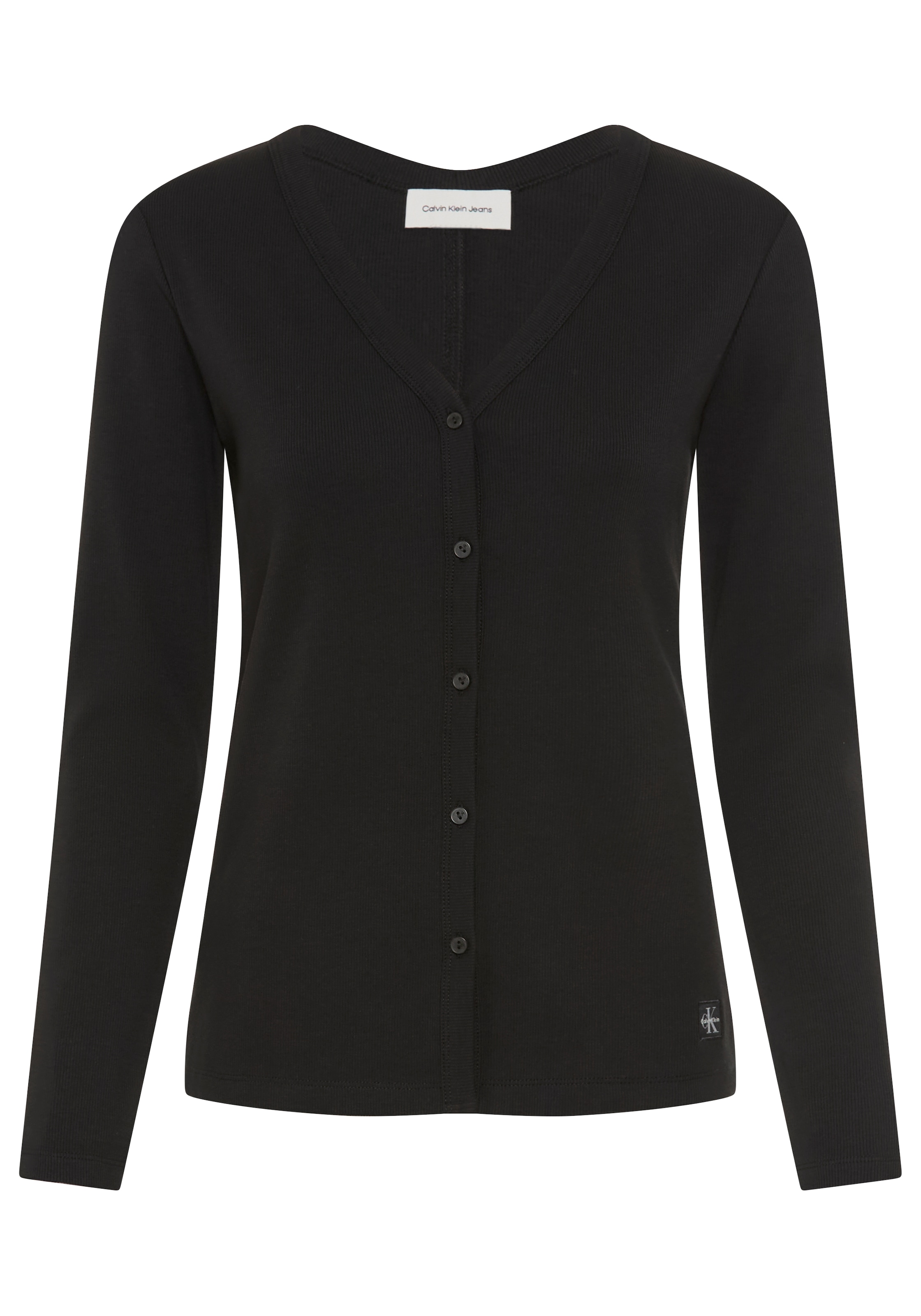 Calvin Klein Jeans Langarmshirt »WOVEN LABEL BABY RIB BUTTON« Figurbetonte Passform mit V-Ausschnitt