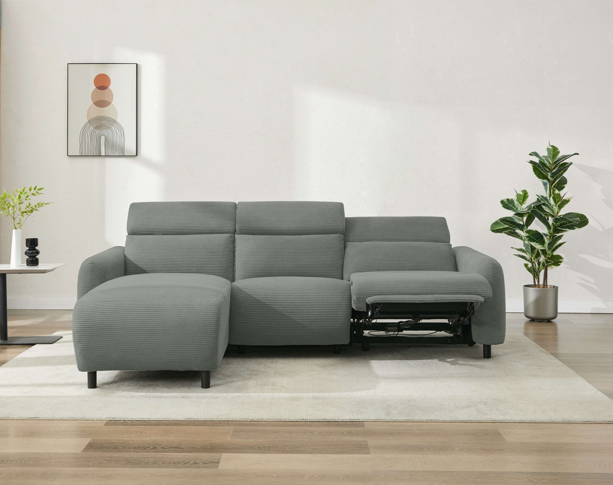 Home affaire Ecksofa »SKAANE in Cord, L-Form, 274 cm, manuelle u. elektrische Funktion,«, rundes Design, Kopfteilverstellung, Federkernpolsterung