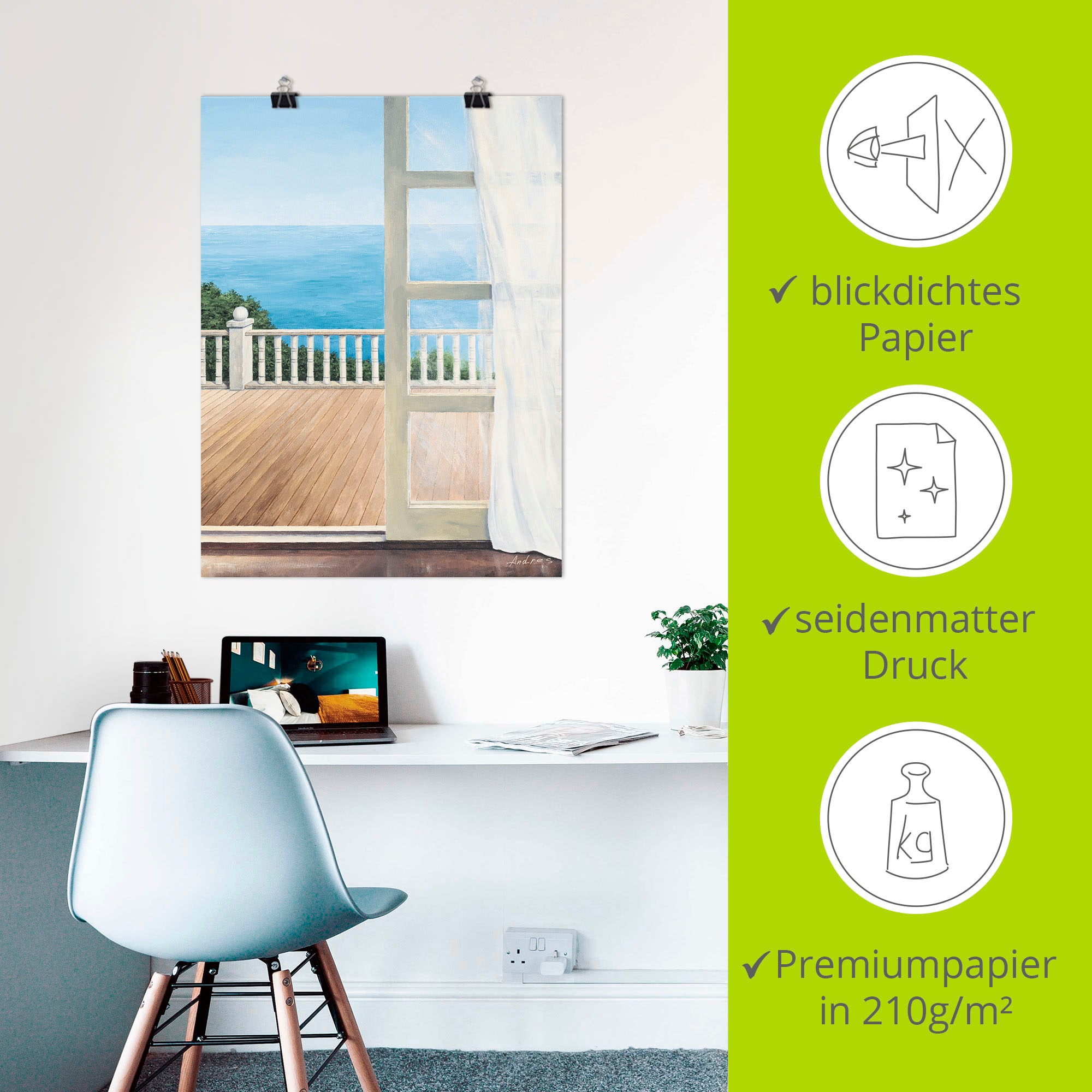 Artland Poster »Veranda mit Meerblick«, Fensterblick, (1 St.), auf Keilrahmen gespannt