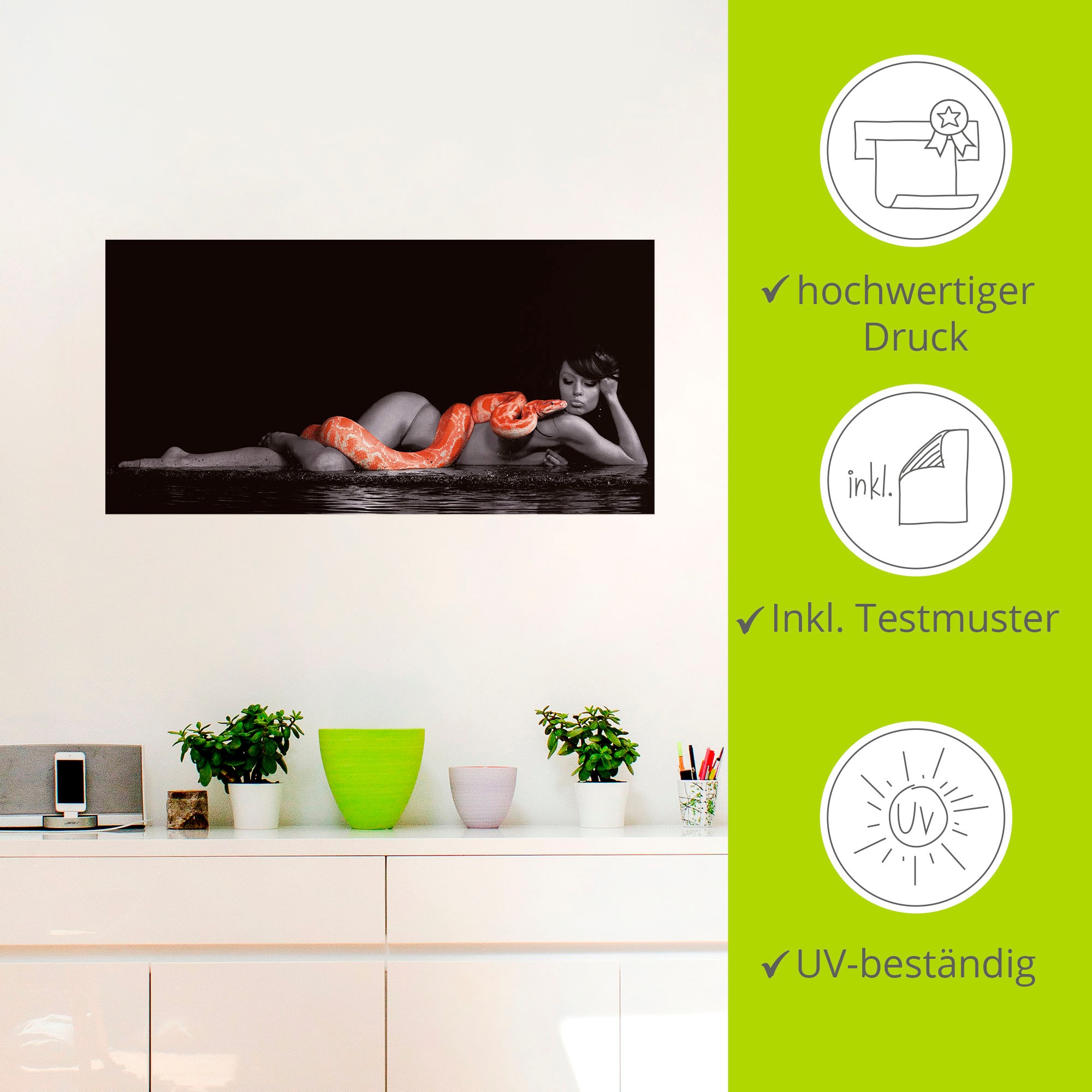 Artland Wandbild »Frau in Wasser liegend mit Python«, Frau, (1 St.), als Leinwandbild, Poster, Wandaufkleber in verschied. Größen