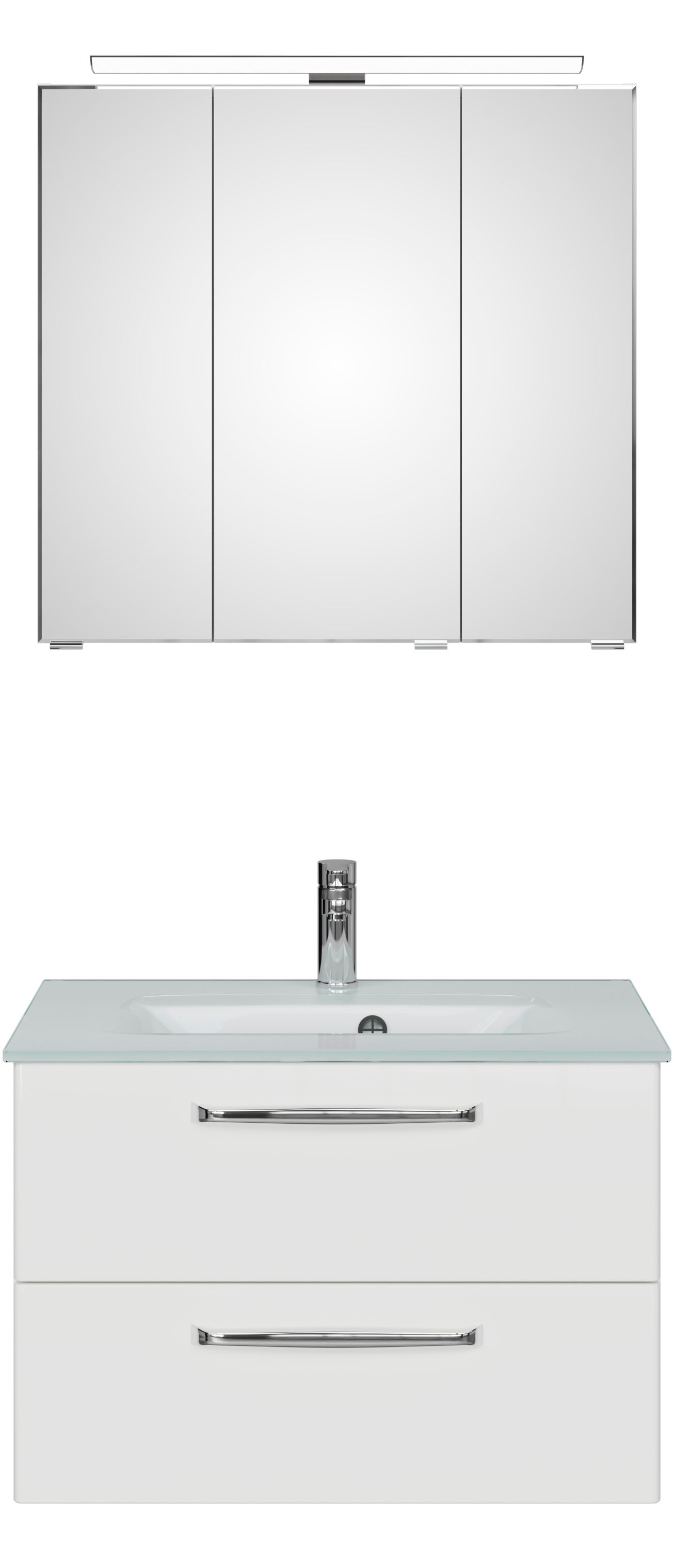 Saphir Badmöbel-Set »Trentino 2-teilig Glas-Waschtisch, Spiegelschrank mit LED-Leuchte«, (3 St.), Badmöbel-Set 77cm breit, inkl. Türdämpfer, 3 Türen, 2 Auszügen