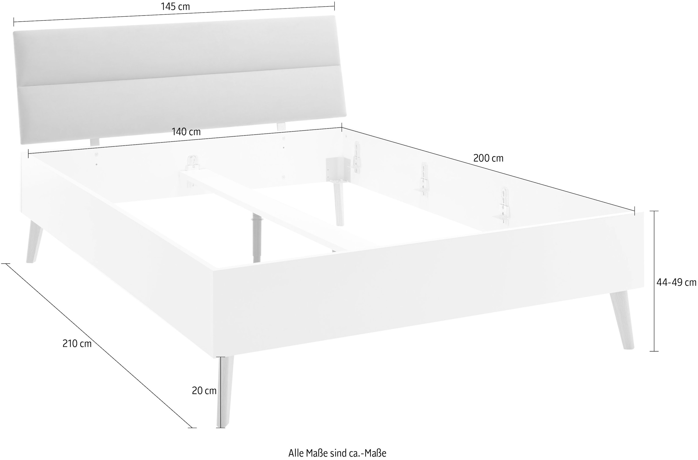 andas Einzelbett »MERLE Bett im skandinavischen Design, Bettgestell mit Massivholzfüßen«, Bettrahmen mit gepolstertem Kopfteil, Liegefläche 140 x 200cm